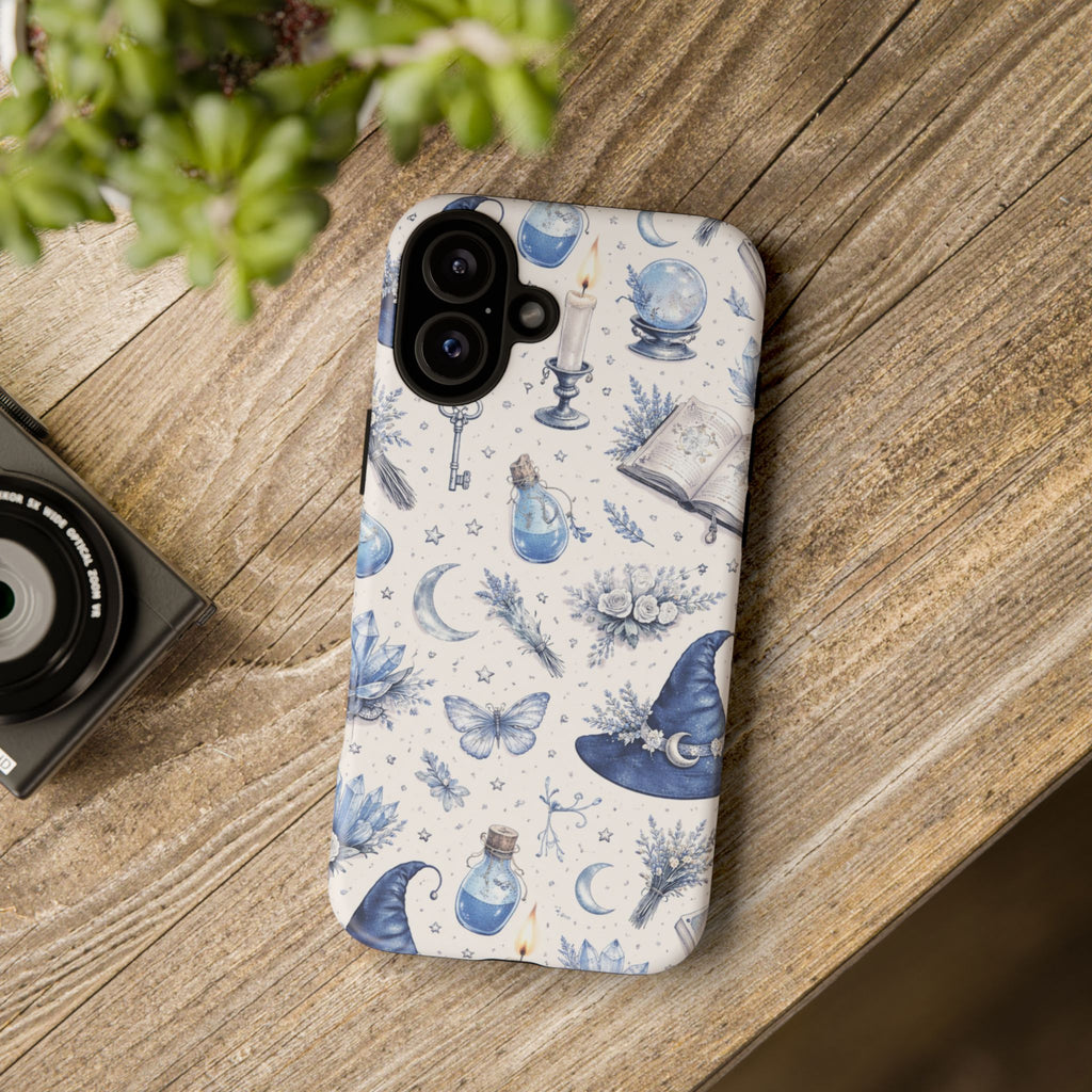 Mystic Blue Witchy Phone Case — Magical Crystal, Potion & Moon Pattern