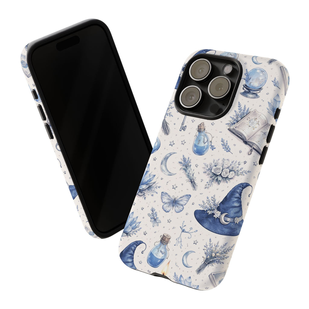 Mystic Blue Witchy Phone Case — Magical Crystal, Potion & Moon Pattern