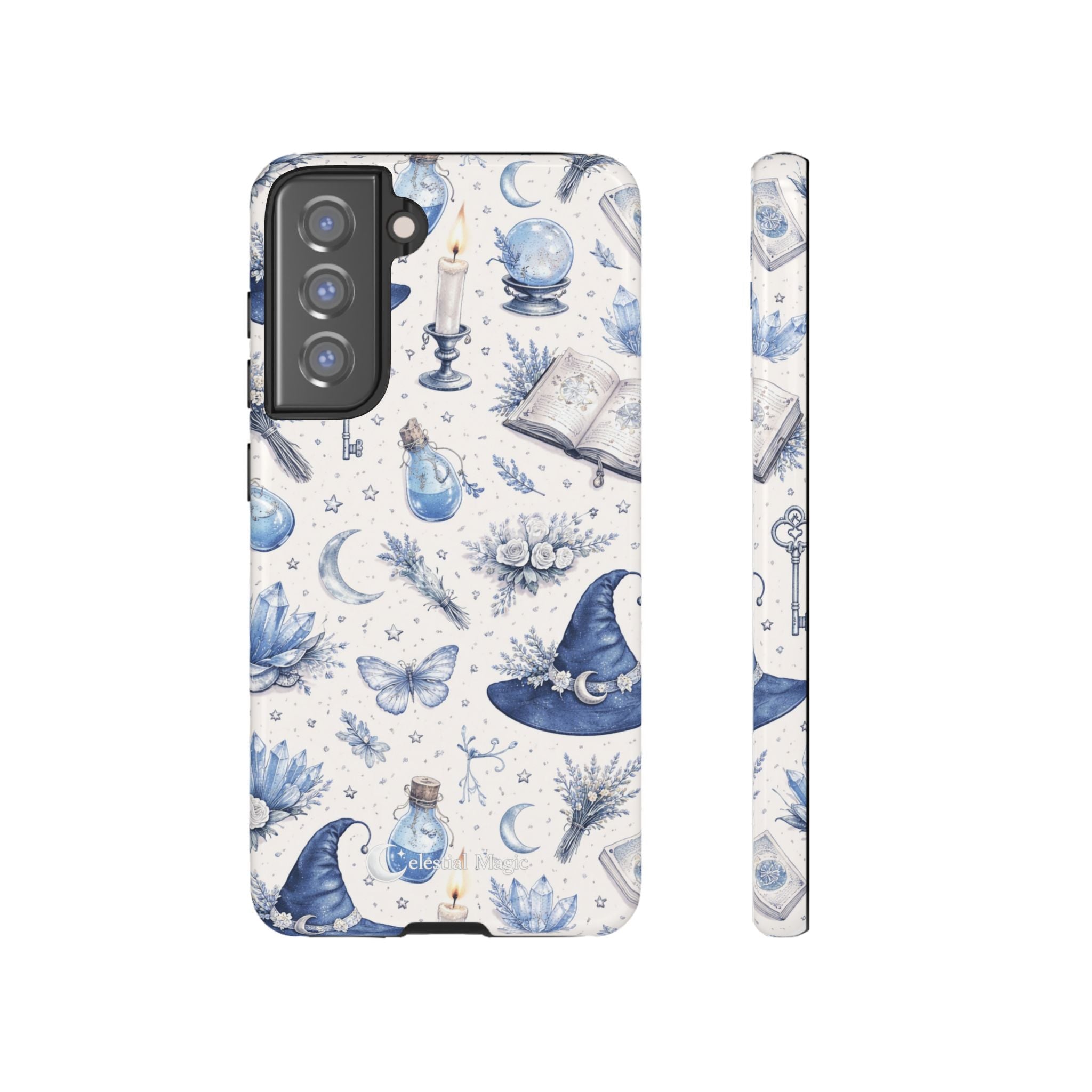 Mystic Blue Witchy Phone Case — Magical Crystal, Potion & Moon Pattern