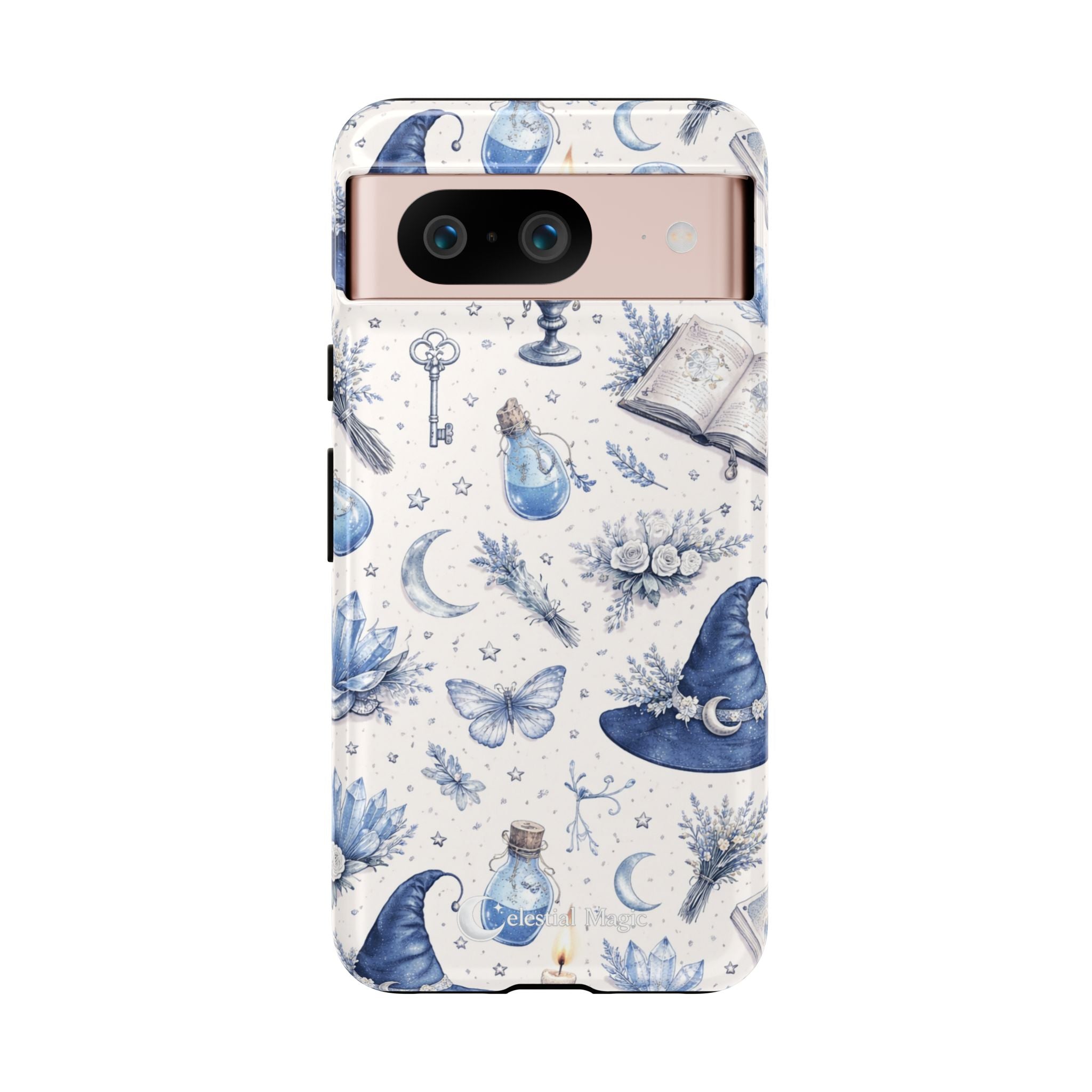 Mystic Blue Witchy Phone Case — Magical Crystal, Potion & Moon Pattern
