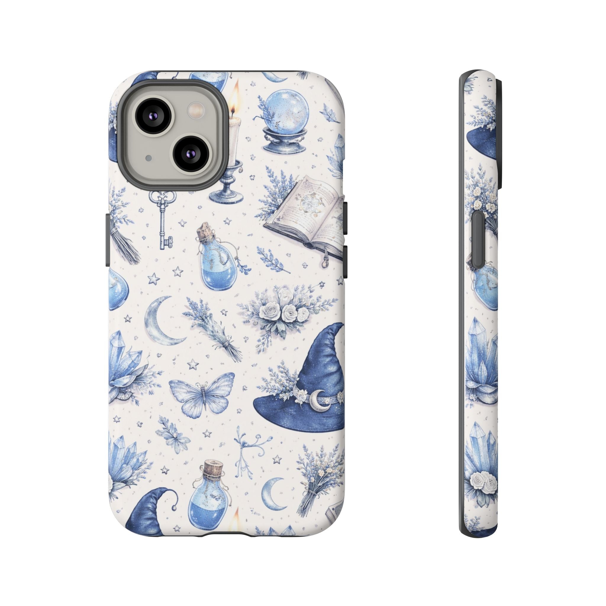 Mystic Blue Witchy Phone Case — Magical Crystal, Potion & Moon Pattern