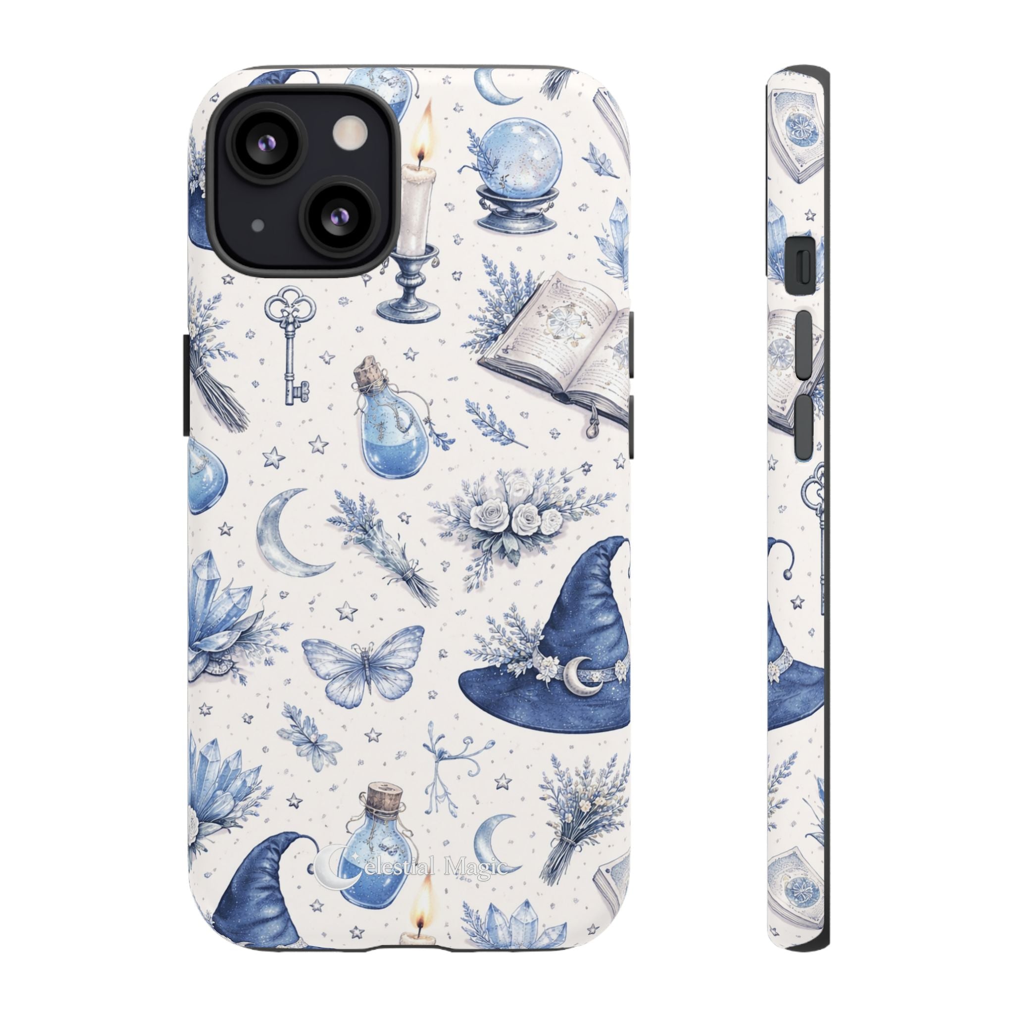 Mystic Blue Witchy Phone Case — Magical Crystal, Potion & Moon Pattern