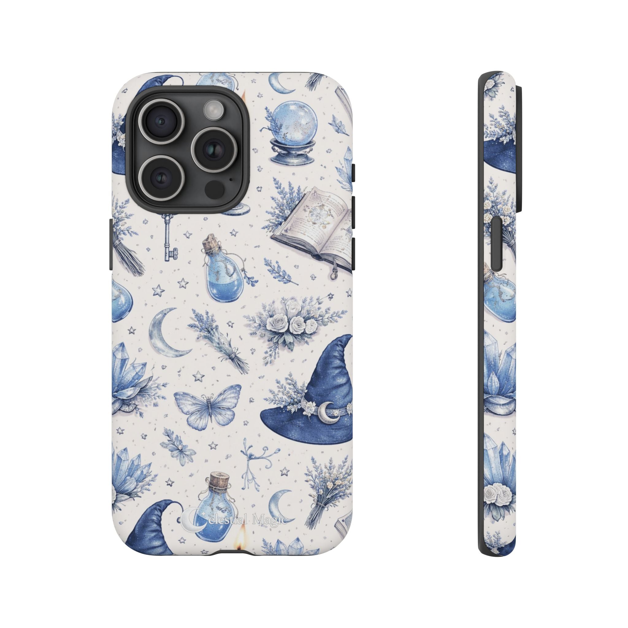 Mystic Blue Witchy Phone Case — Magical Crystal, Potion & Moon Pattern