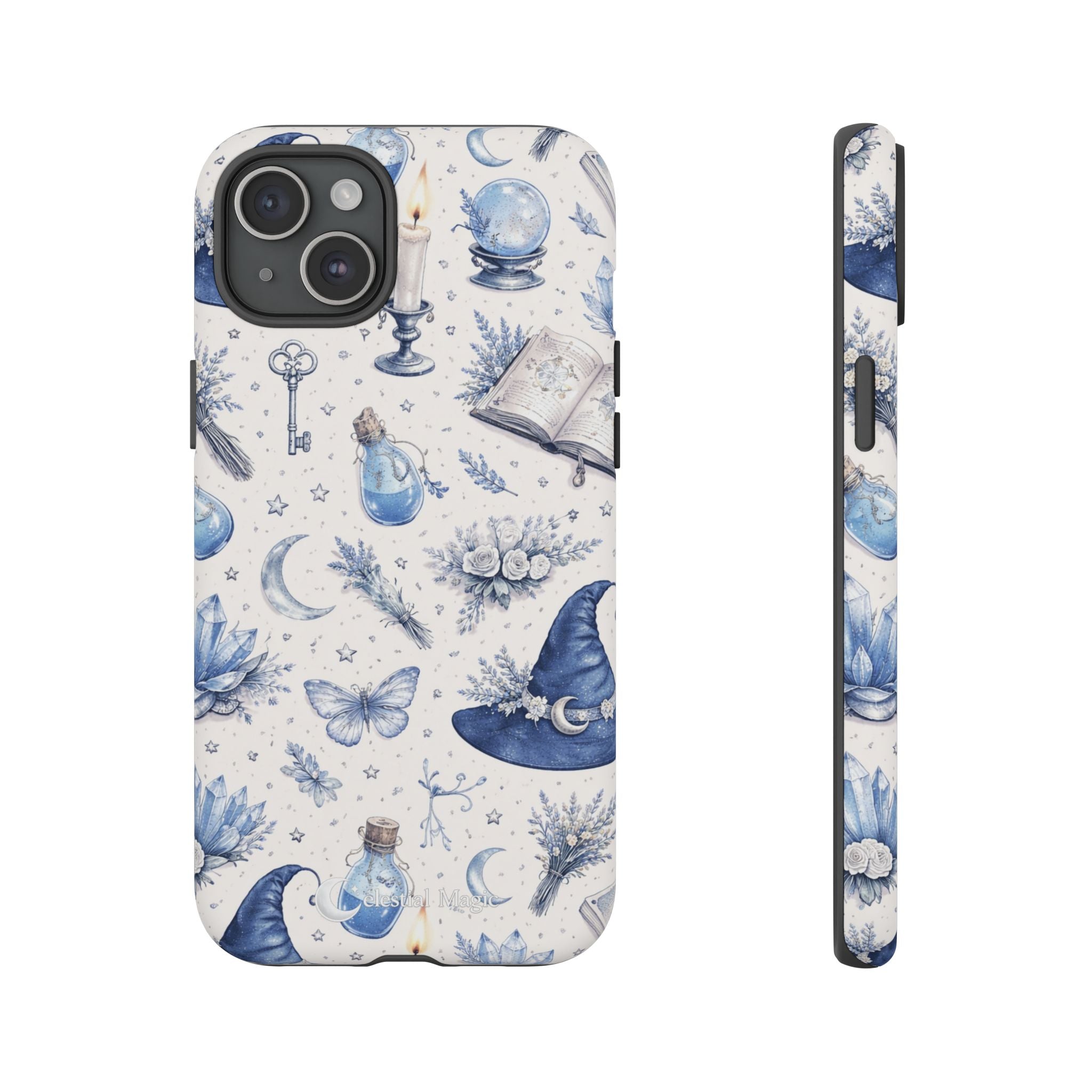 Mystic Blue Witchy Phone Case — Magical Crystal, Potion & Moon Pattern