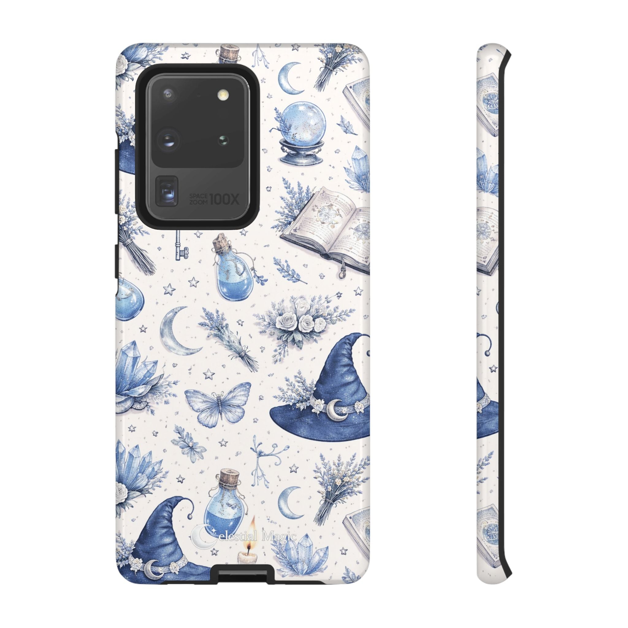 Mystic Blue Witchy Phone Case — Magical Crystal, Potion & Moon Pattern