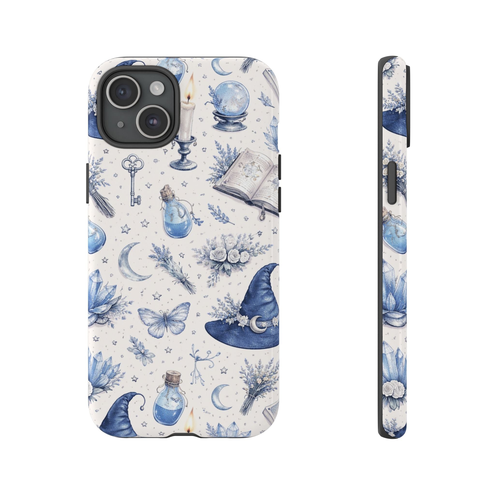 Mystic Blue Witchy Phone Case — Magical Crystal, Potion & Moon Pattern