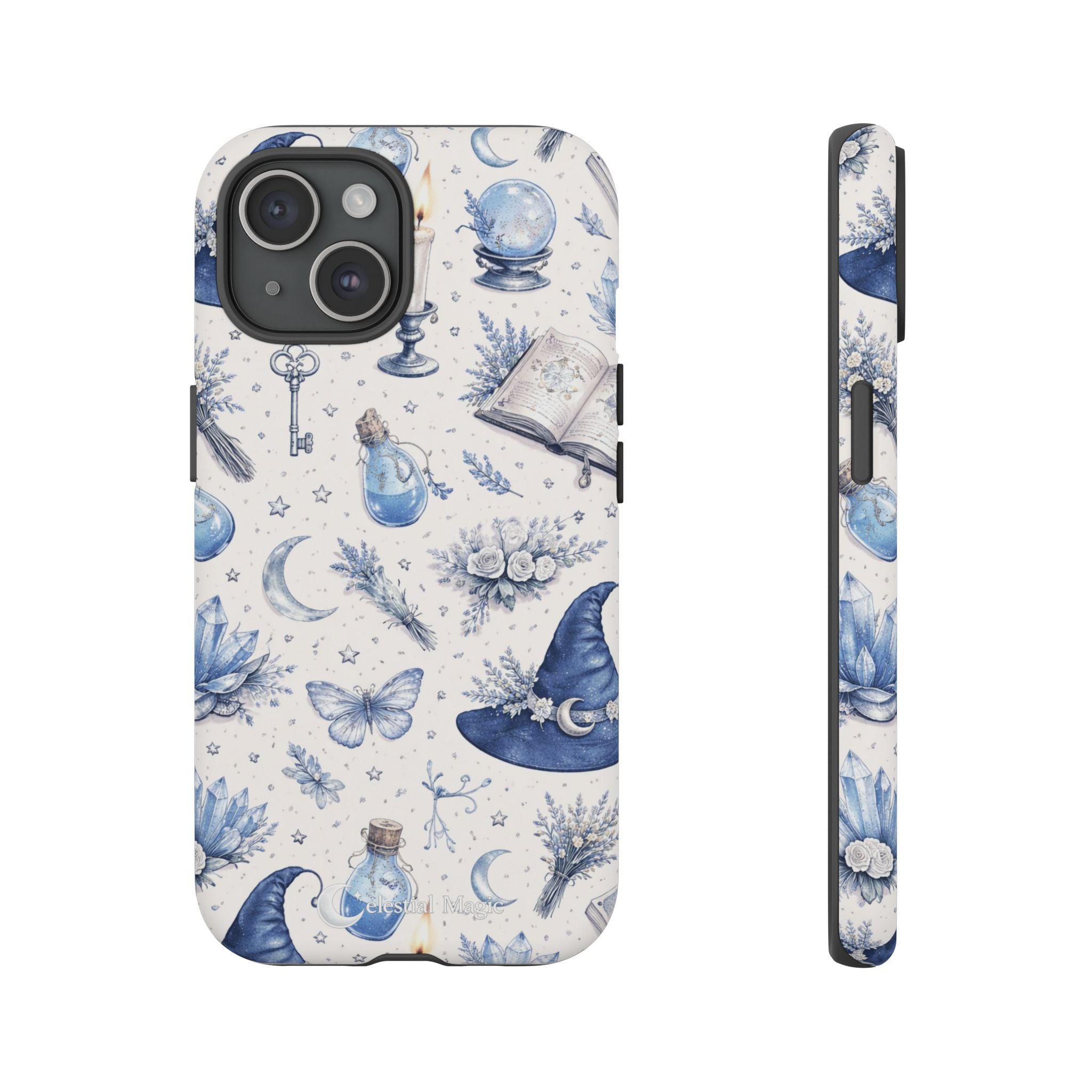 Mystic Blue Witchy Phone Case — Magical Crystal, Potion & Moon Pattern