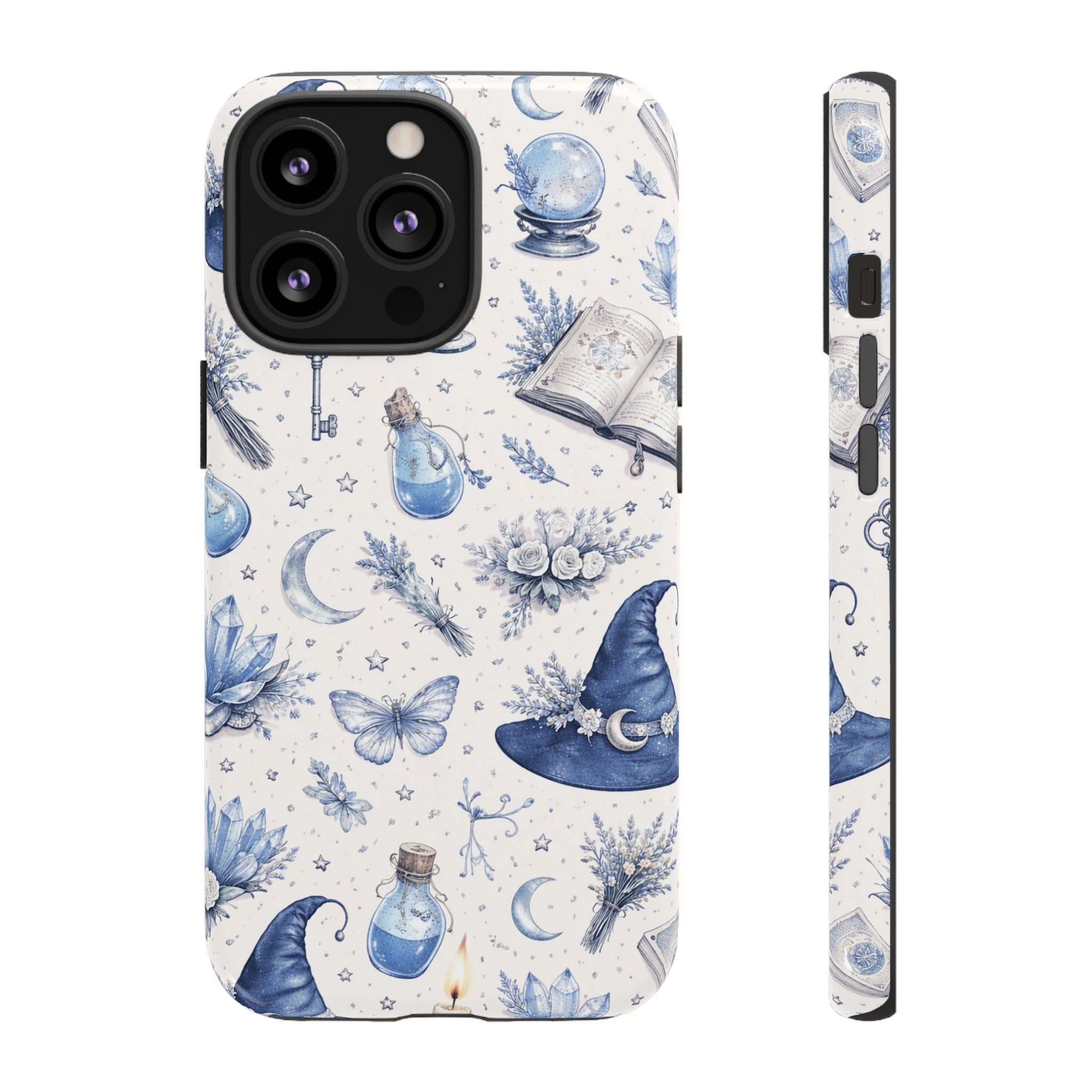 Mystic Blue Witchy Phone Case — Magical Crystal, Potion & Moon Pattern