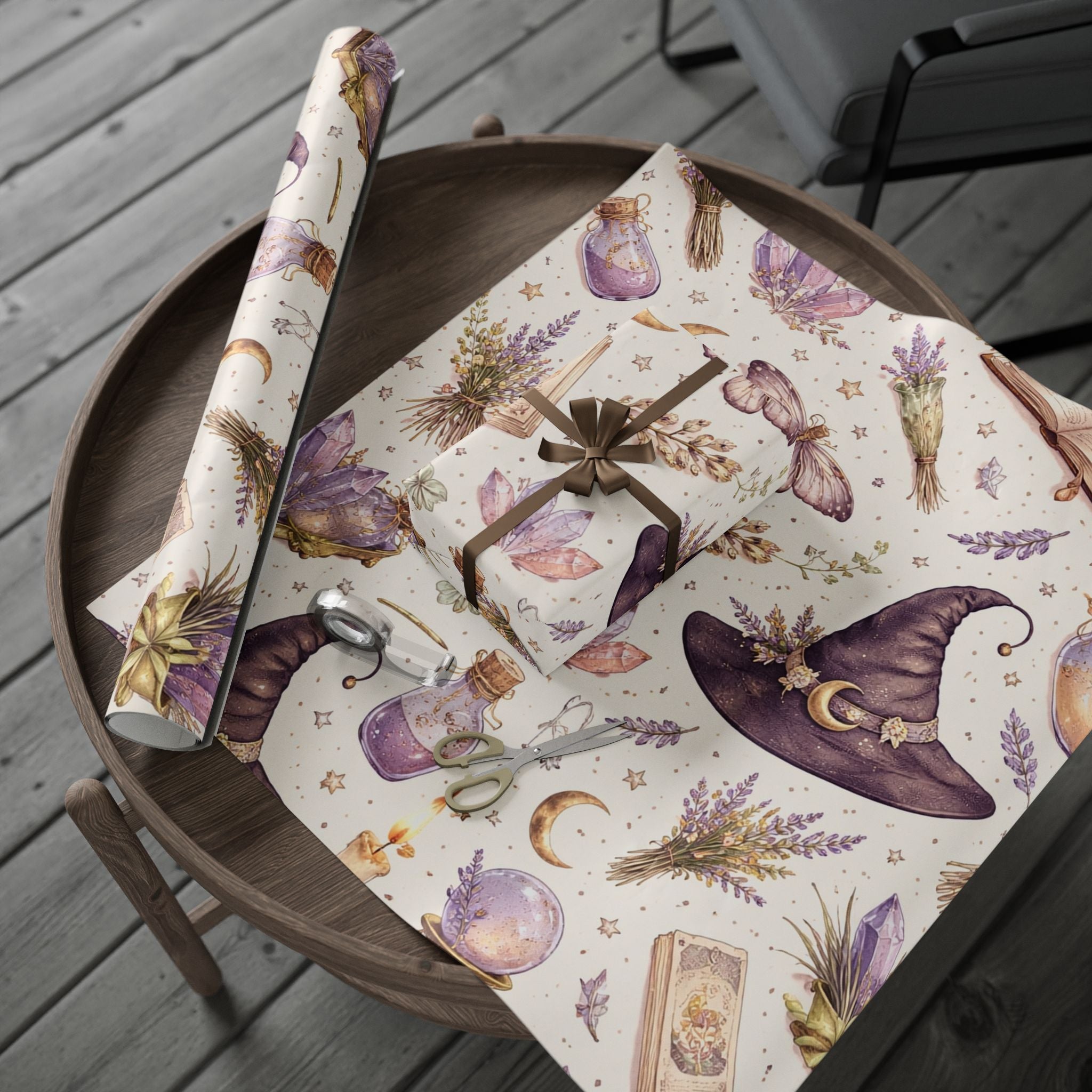 Witch Hat & Broomstick Pattern Wrapping Paper | Lavender Herbs, Stars