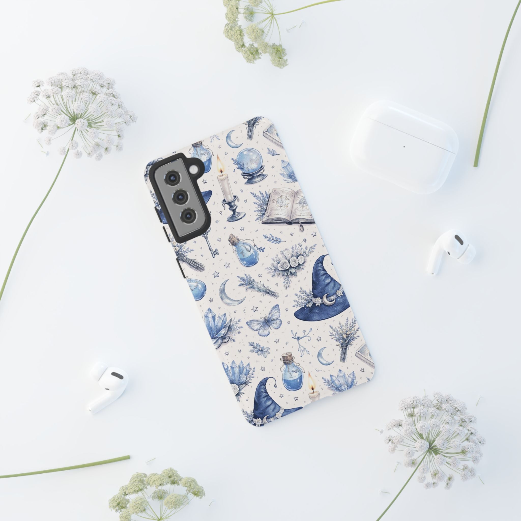 Mystic Blue Witchy Phone Case — Magical Crystal, Potion & Moon Pattern