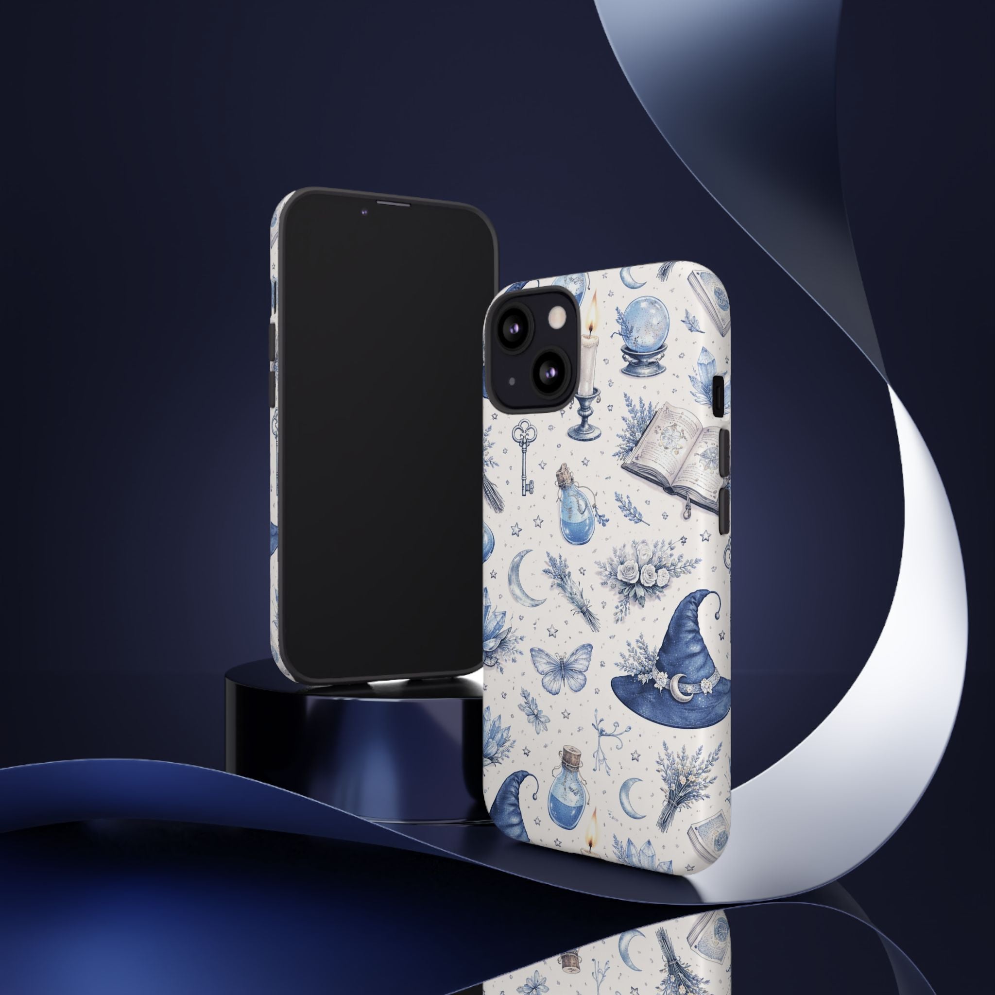 Mystic Blue Witchy Phone Case — Magical Crystal, Potion & Moon Pattern