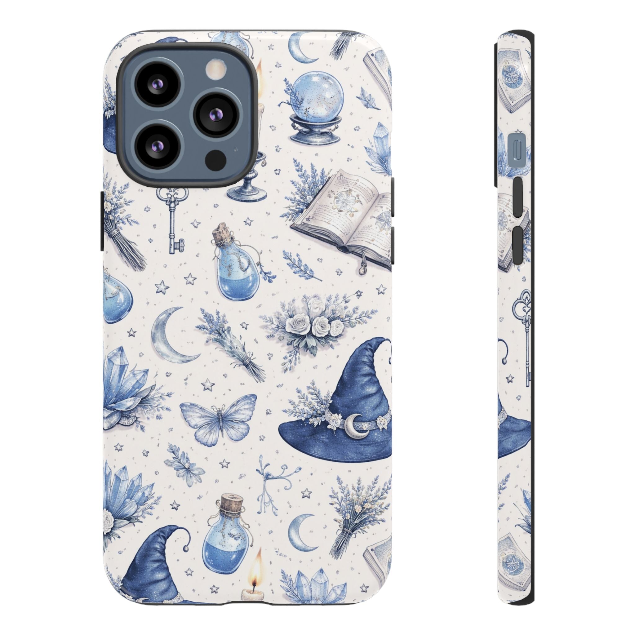Mystic Blue Witchy Phone Case — Magical Crystal, Potion & Moon Pattern