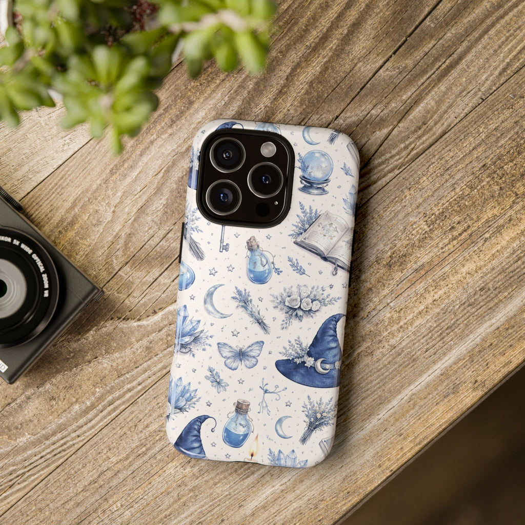 Mystic Blue Witchy Phone Case — Magical Crystal, Potion & Moon Pattern