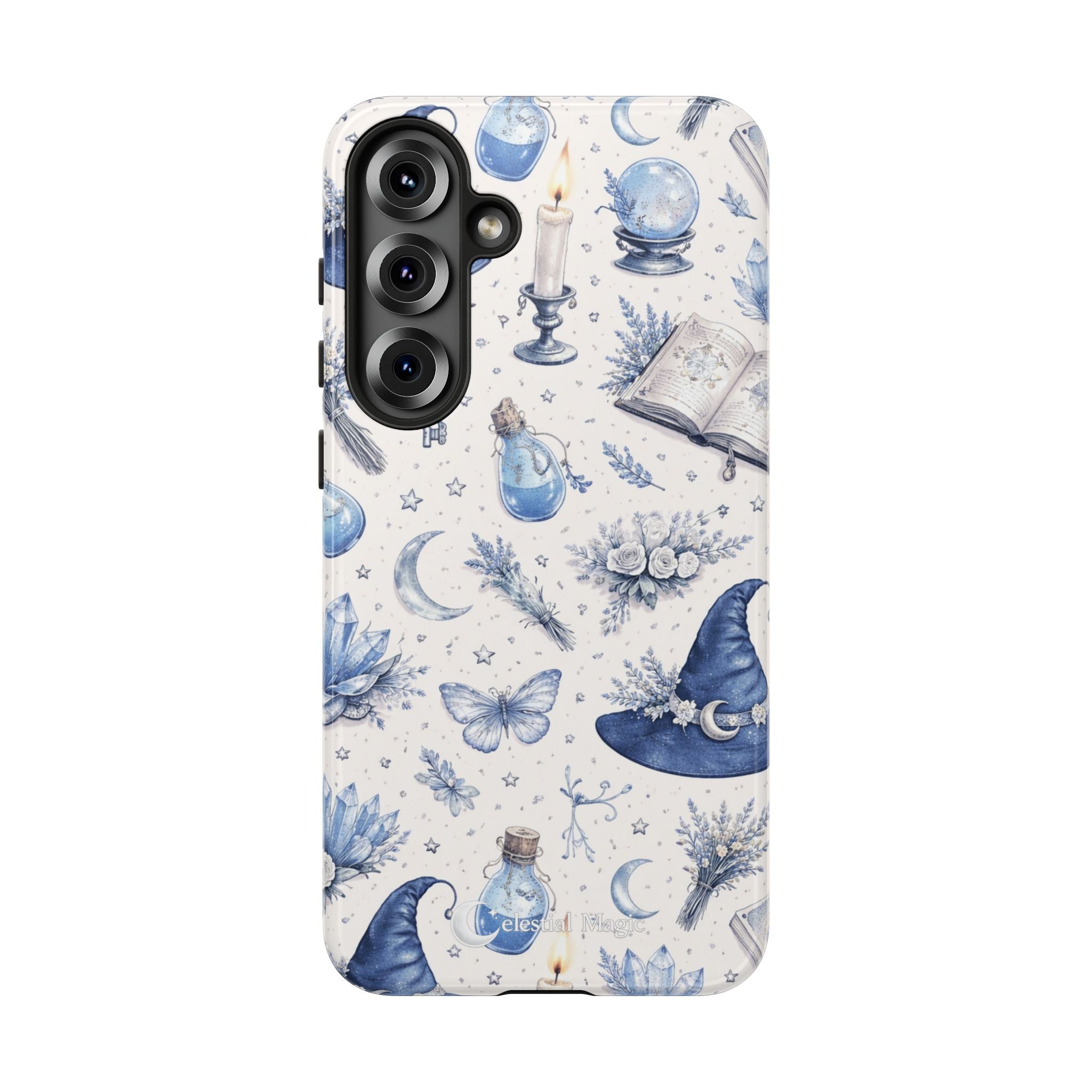 Mystic Blue Witchy Phone Case — Magical Crystal, Potion & Moon Pattern