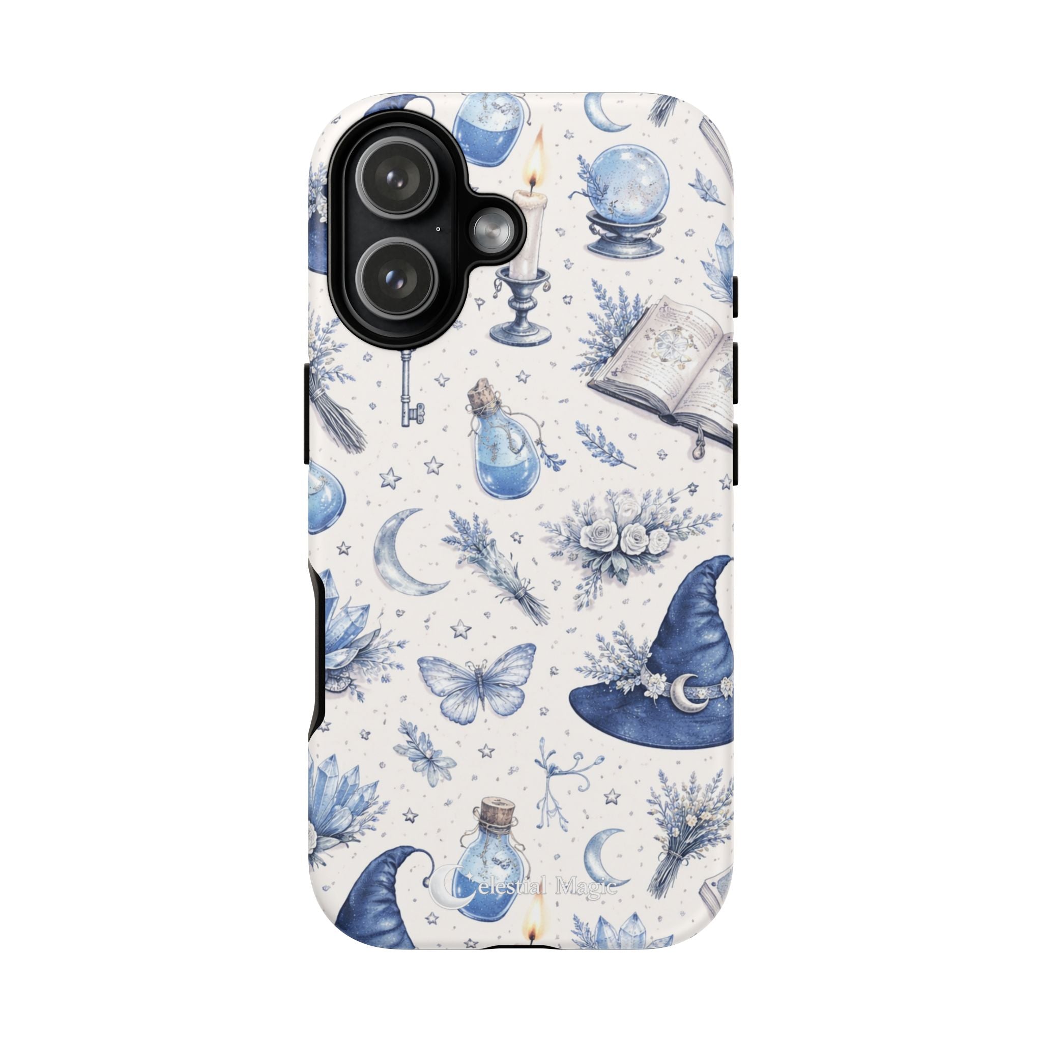 Mystic Blue Witchy Phone Case — Magical Crystal, Potion & Moon Pattern