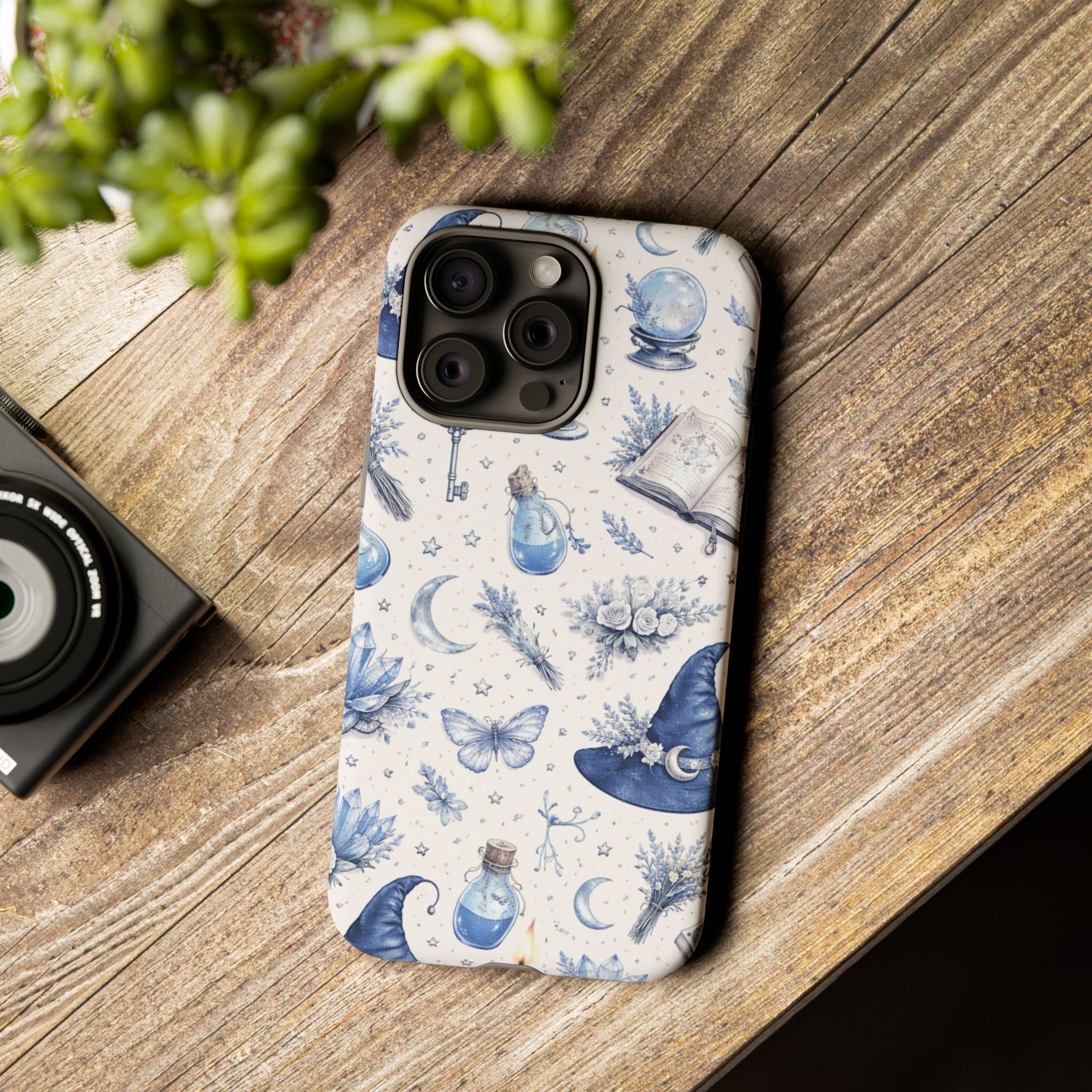 Mystic Blue Witchy Phone Case — Magical Crystal, Potion & Moon Pattern