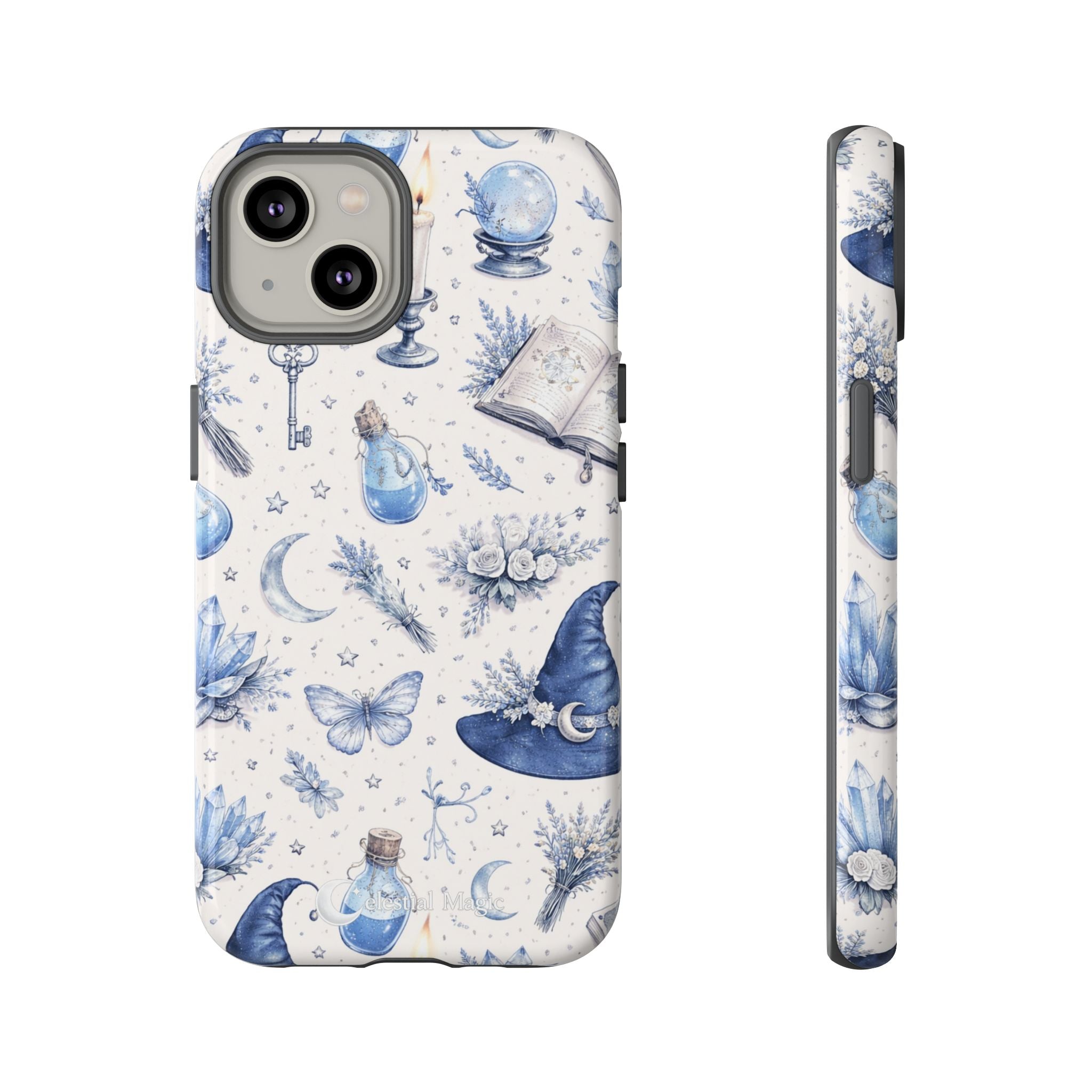 Mystic Blue Witchy Phone Case — Magical Crystal, Potion & Moon Pattern