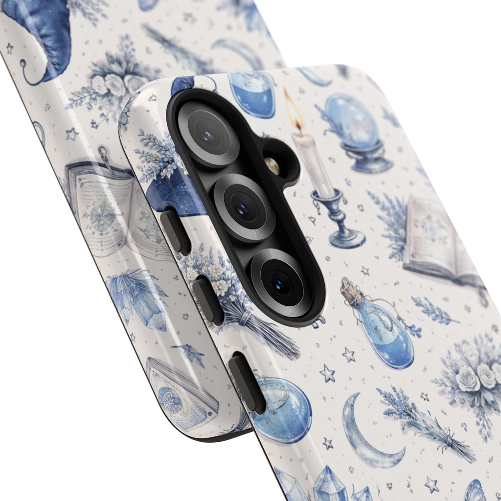 Mystic Blue Witchy Phone Case — Magical Crystal, Potion & Moon Pattern