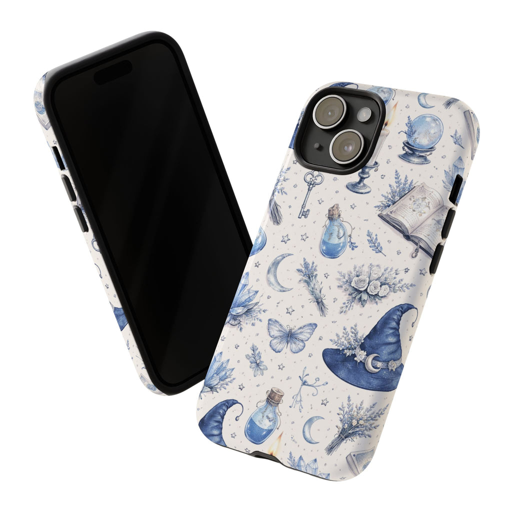 Mystic Blue Witchy Phone Case — Magical Crystal, Potion & Moon Pattern