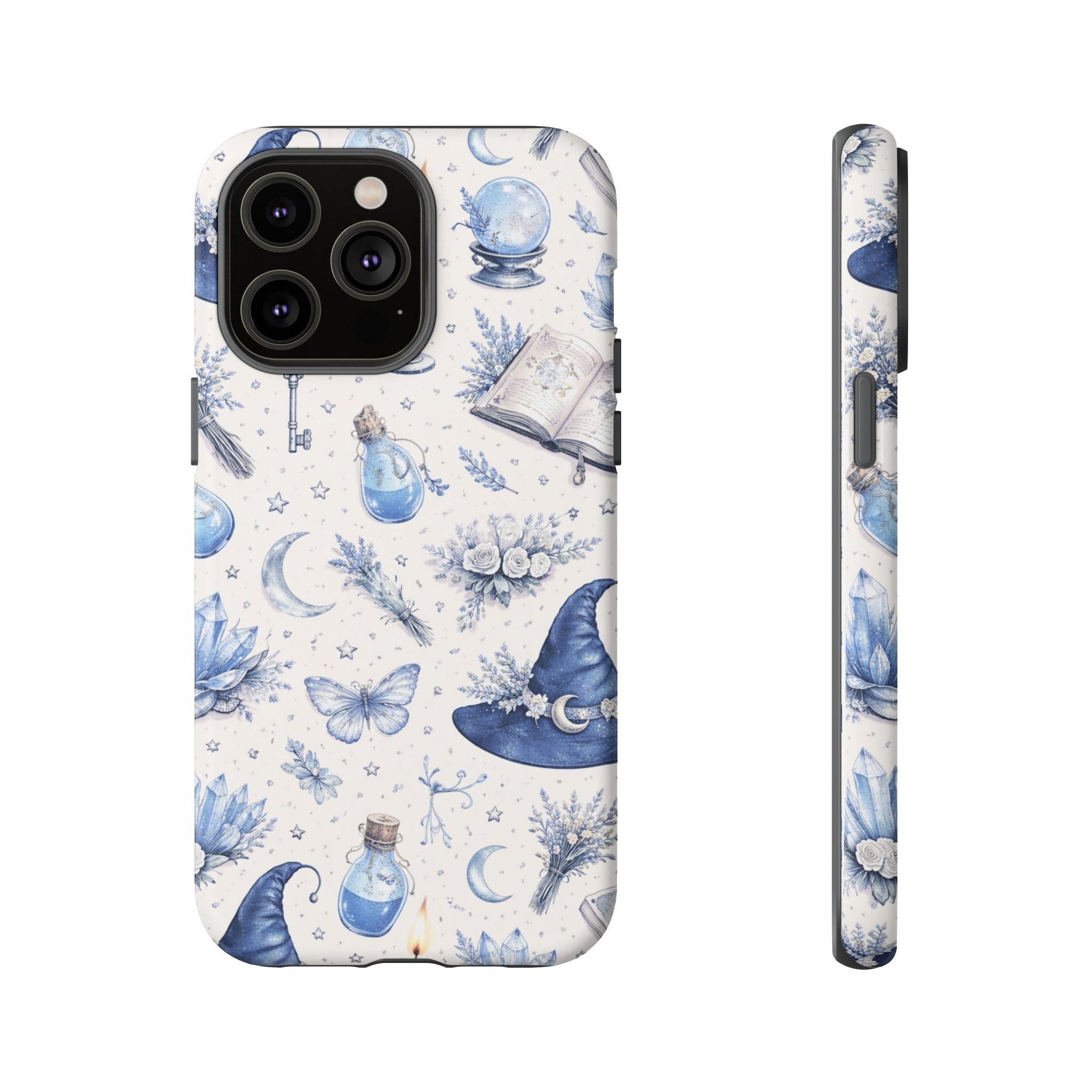 Mystic Blue Witchy Phone Case — Magical Crystal, Potion & Moon Pattern