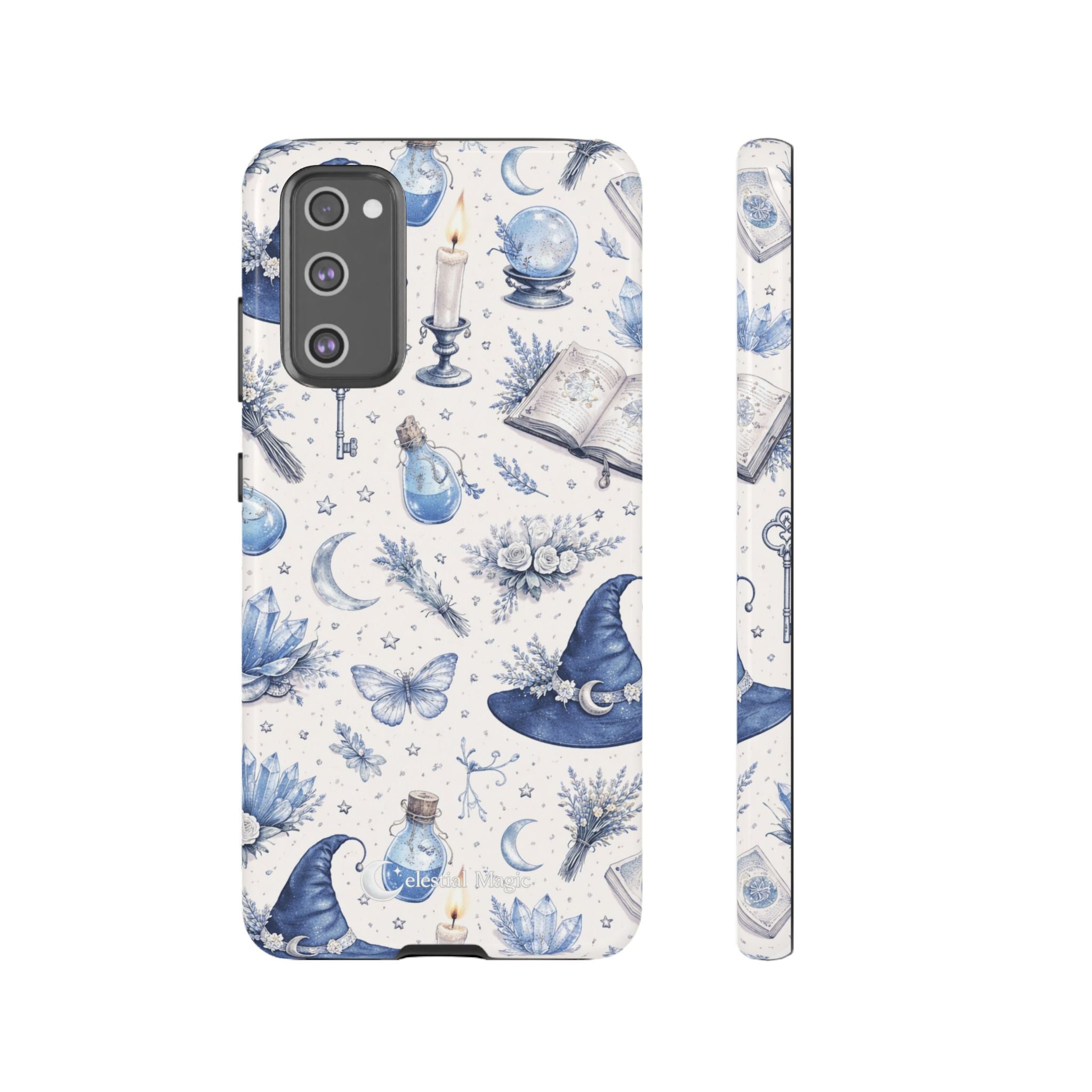 Mystic Blue Witchy Phone Case — Magical Crystal, Potion & Moon Pattern