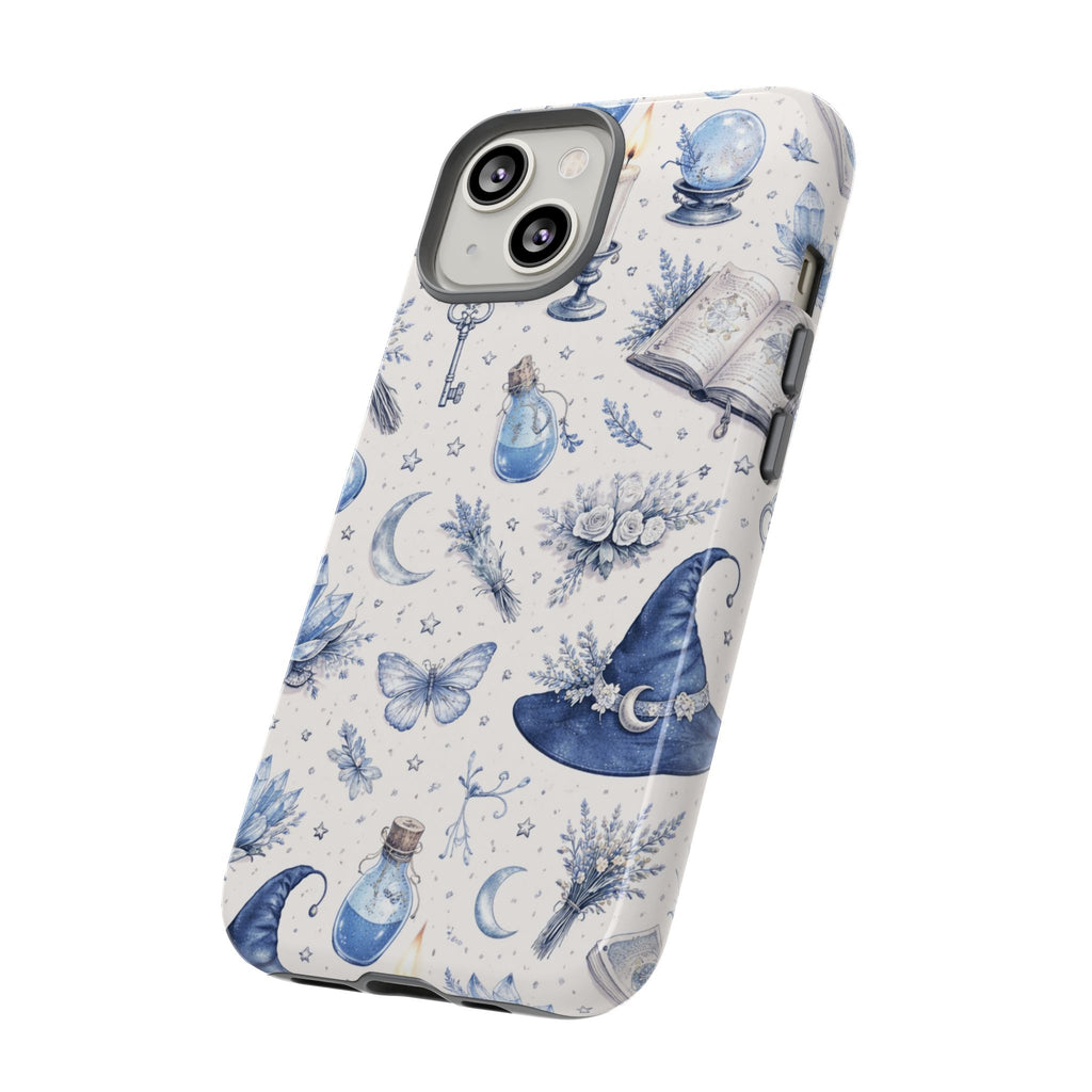 Mystic Blue Witchy Phone Case — Magical Crystal, Potion & Moon Pattern