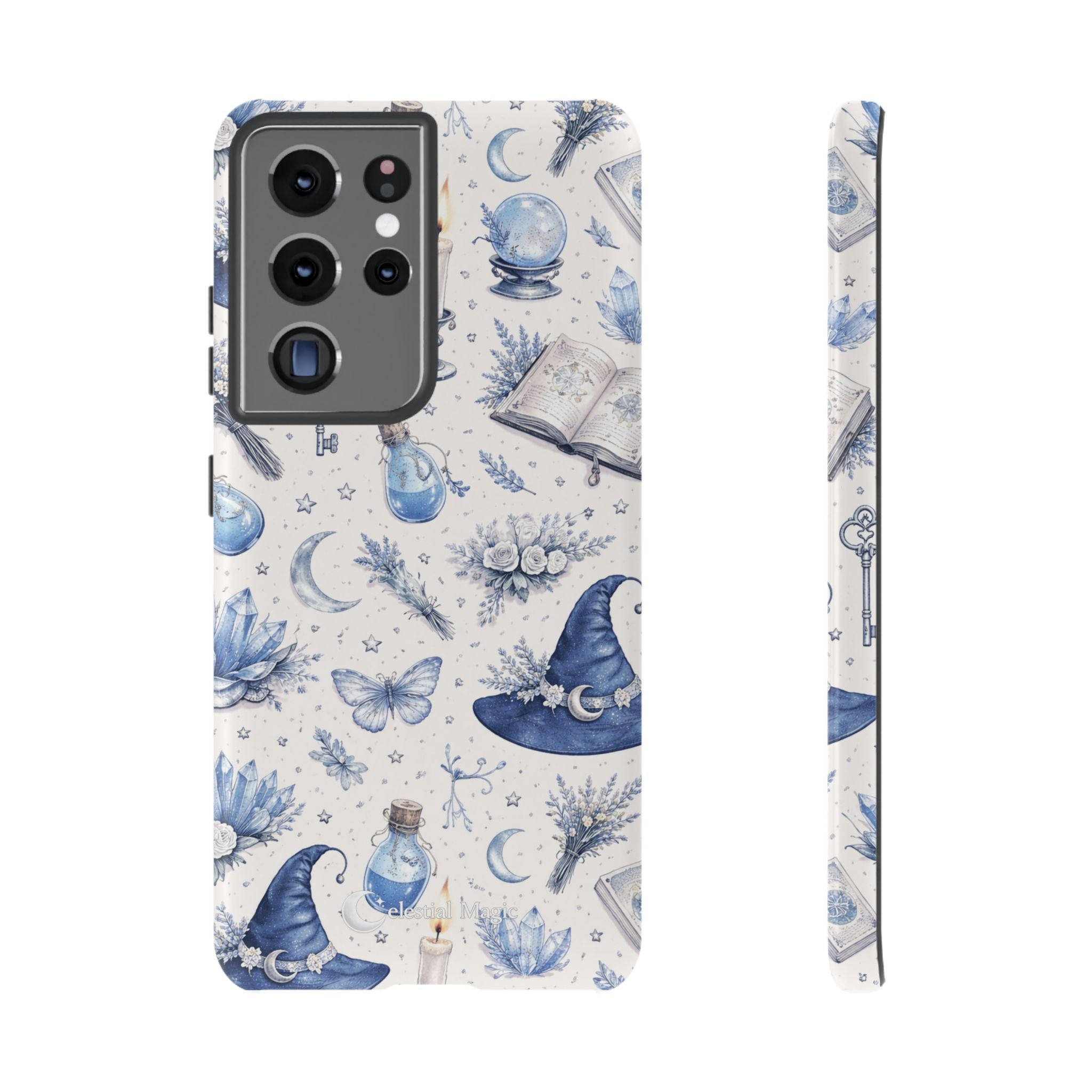 Mystic Blue Witchy Phone Case — Magical Crystal, Potion & Moon Pattern