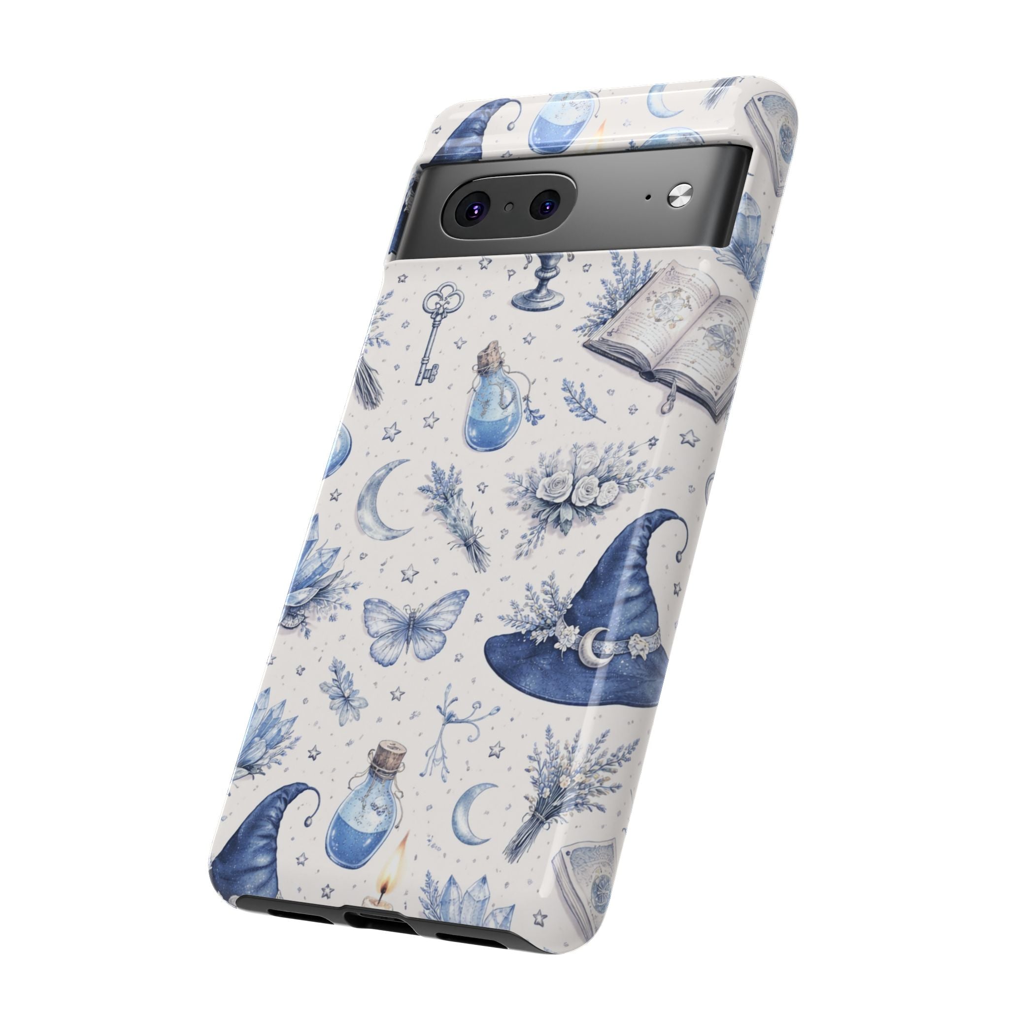 Mystic Blue Witchy Phone Case — Magical Crystal, Potion & Moon Pattern