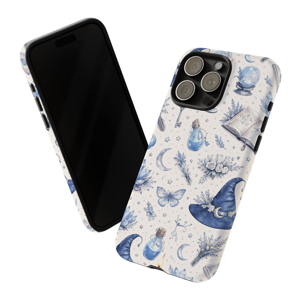 Mystic Blue Witchy Phone Case — Magical Crystal, Potion & Moon Pattern