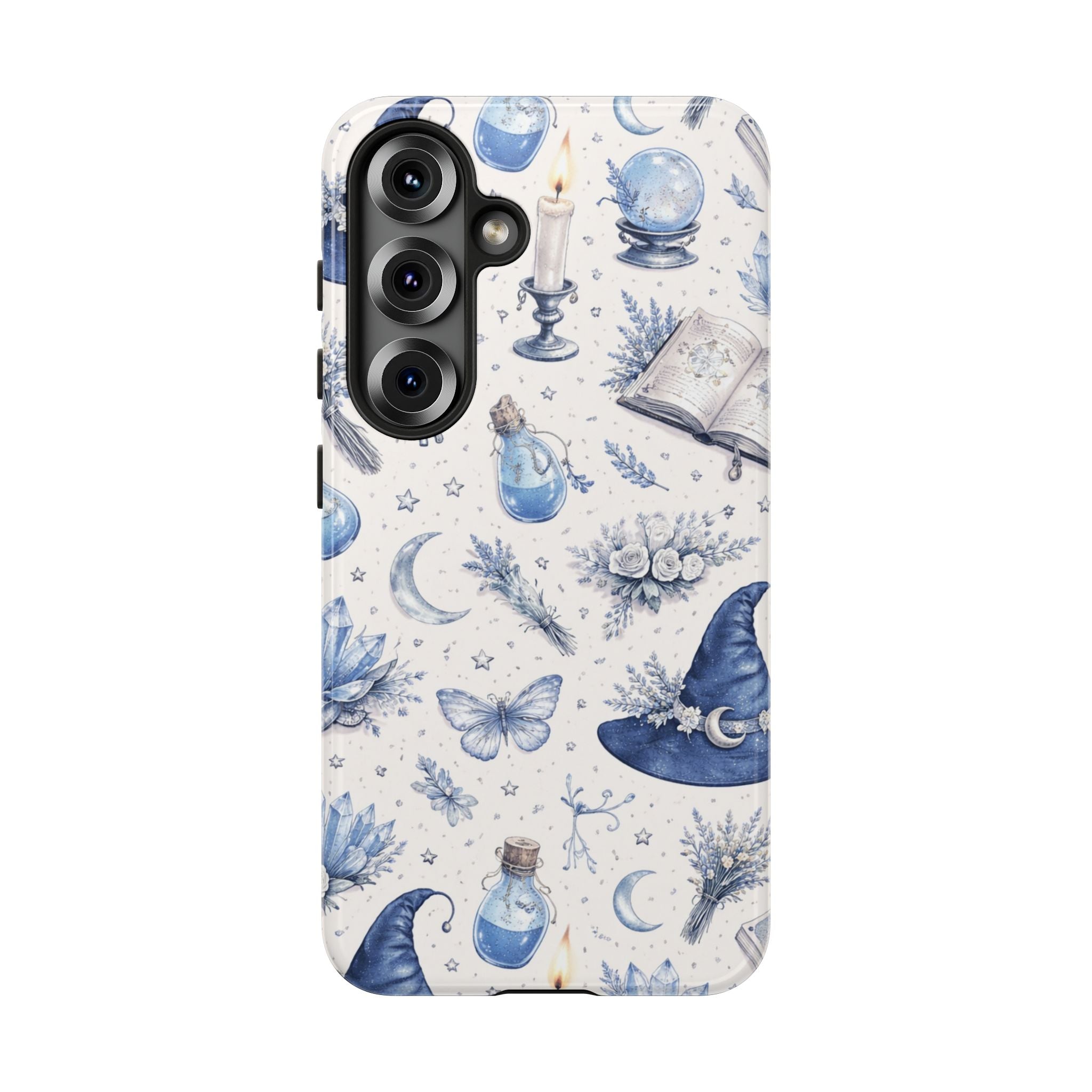Mystic Blue Witchy Phone Case — Magical Crystal, Potion & Moon Pattern