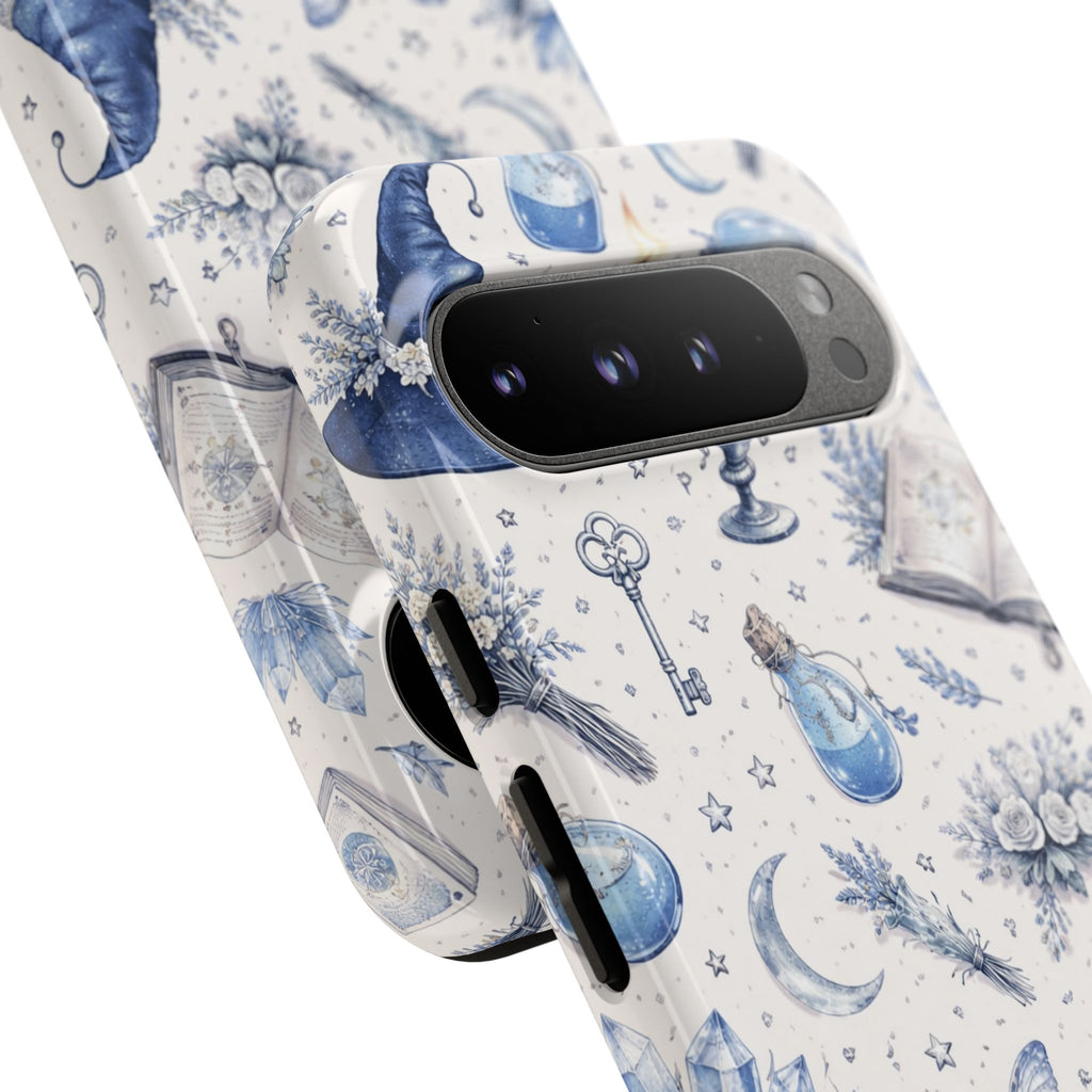Mystic Blue Witchy Phone Case — Magical Crystal, Potion & Moon Pattern