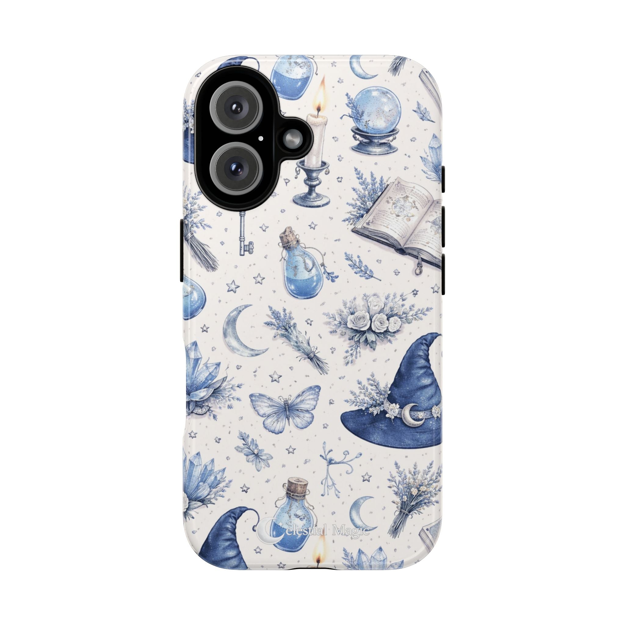 Mystic Blue Witchy Phone Case — Magical Crystal, Potion & Moon Pattern