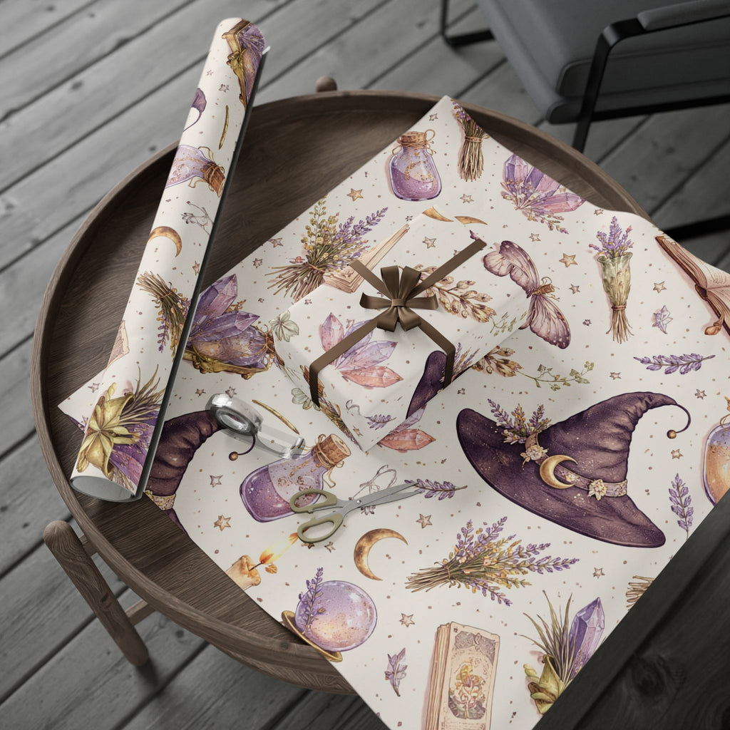 Witch Hat & Broomstick Pattern Wrapping Paper | Lavender Herbs, Stars