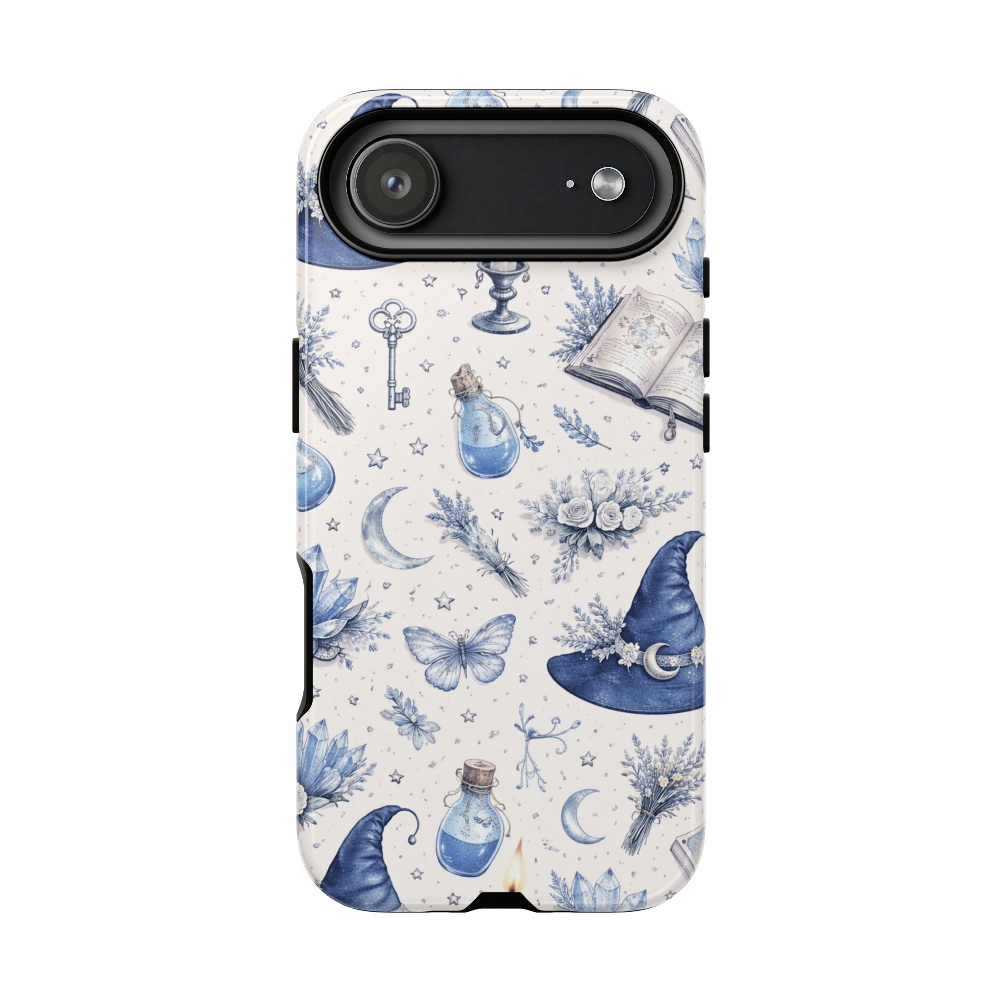 Mystic Blue Witchy Phone Case — Magical Crystal, Potion & Moon Pattern