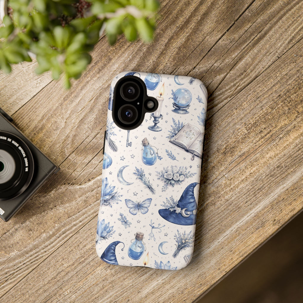 Mystic Blue Witchy Phone Case — Magical Crystal, Potion & Moon Pattern
