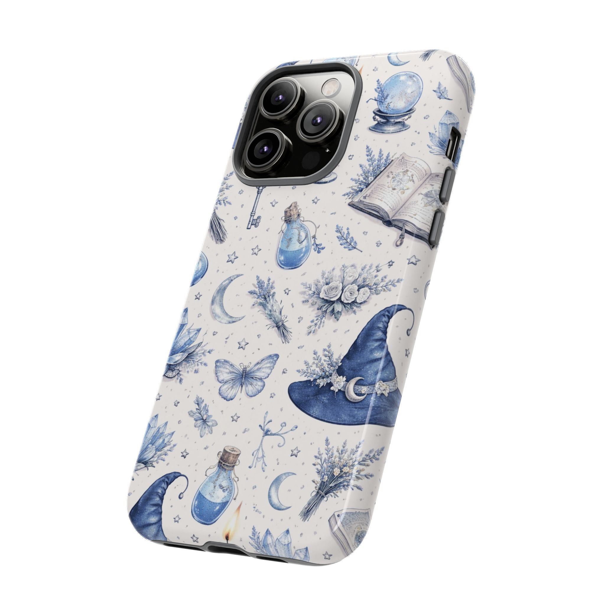 Mystic Blue Witchy Phone Case — Magical Crystal, Potion & Moon Pattern