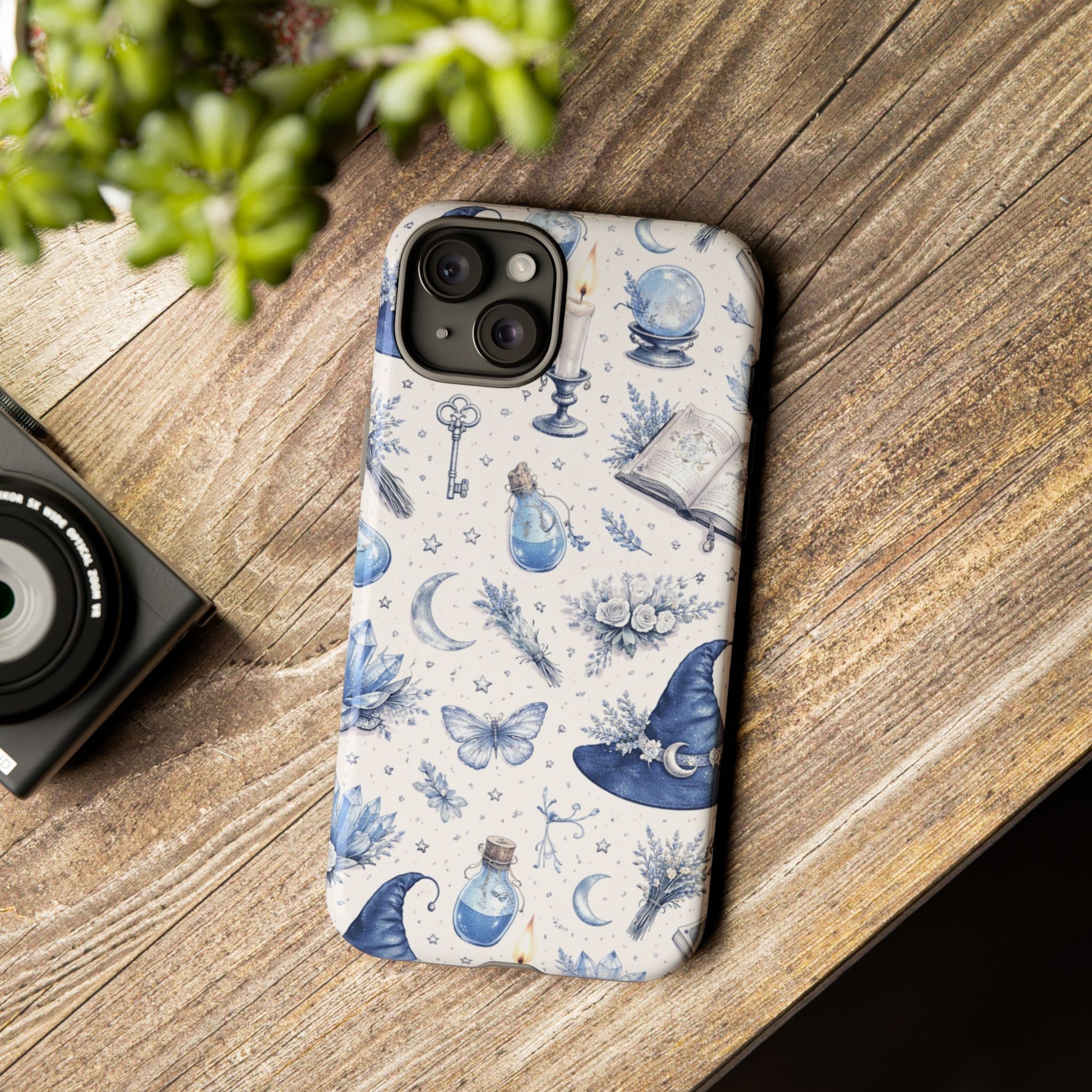 Mystic Blue Witchy Phone Case — Magical Crystal, Potion & Moon Pattern