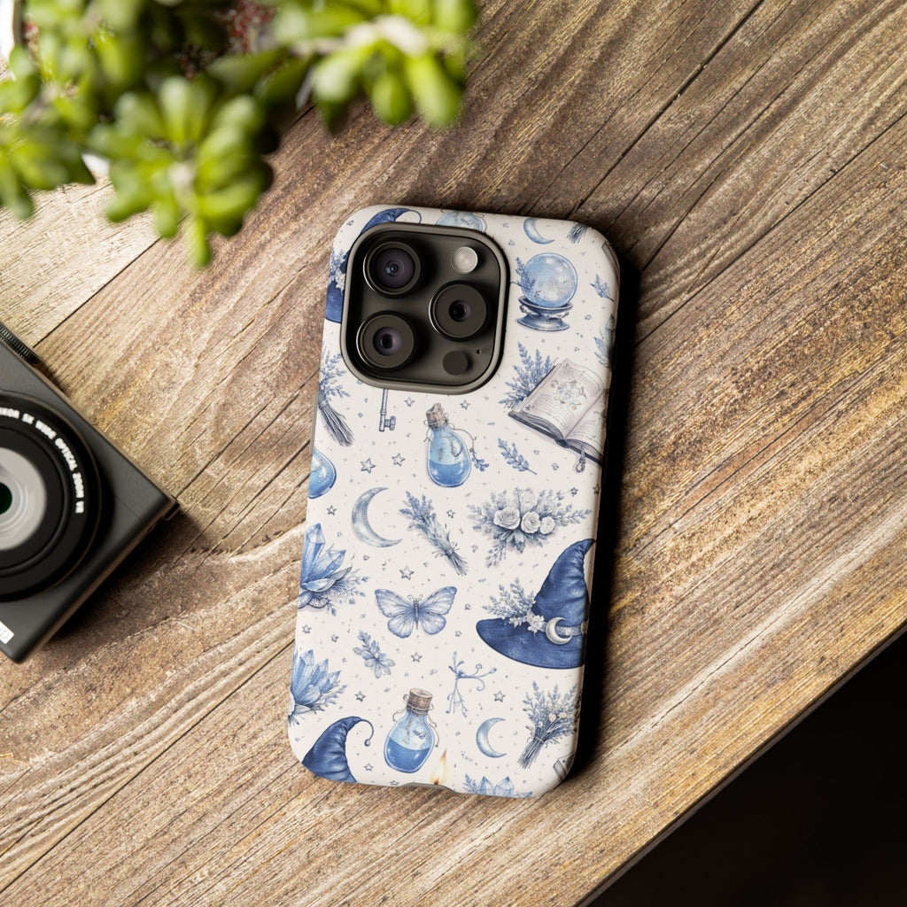 Mystic Blue Witchy Phone Case — Magical Crystal, Potion & Moon Pattern