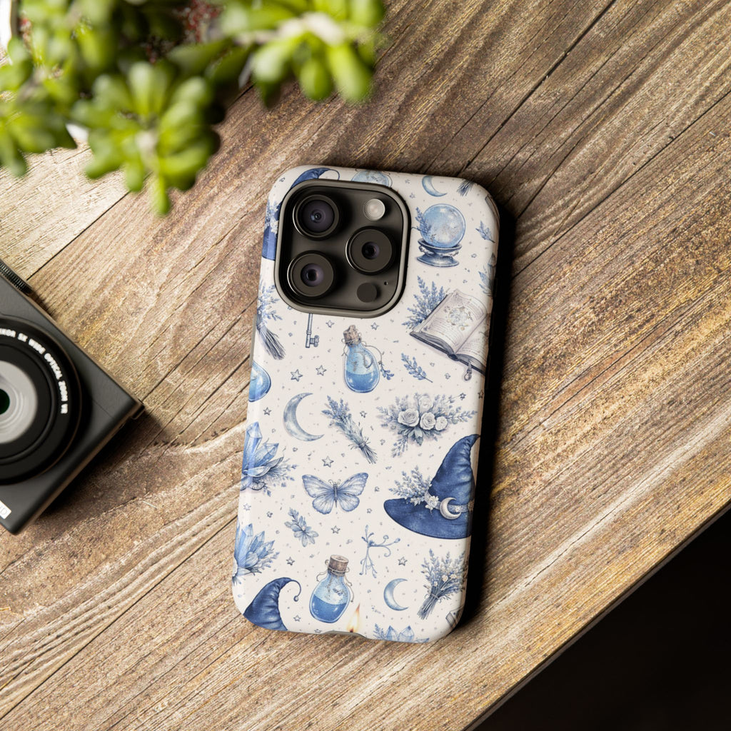 Mystic Blue Witchy Phone Case — Magical Crystal, Potion & Moon Pattern