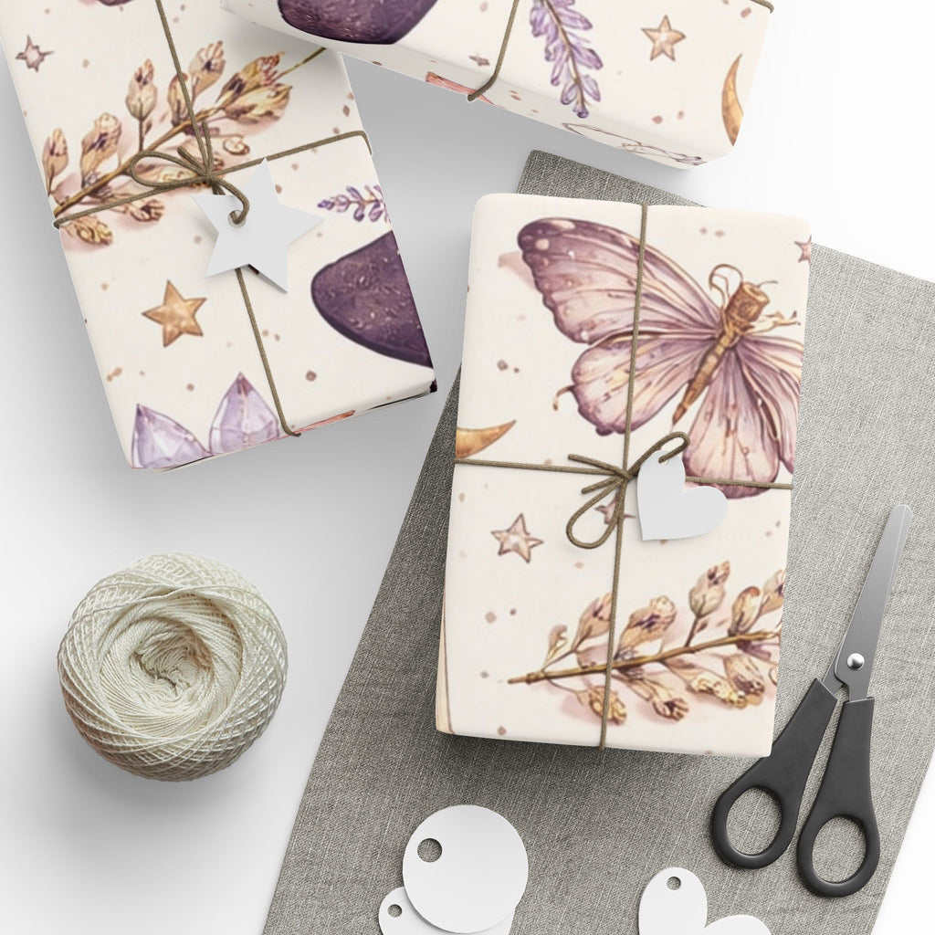 Witch Hat & Broomstick Pattern Wrapping Paper | Lavender Herbs, Stars