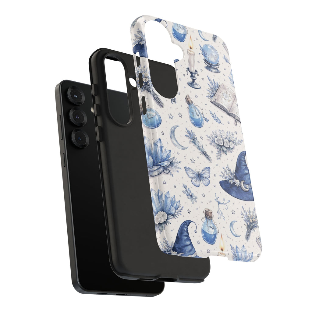 Mystic Blue Witchy Phone Case — Magical Crystal, Potion & Moon Pattern