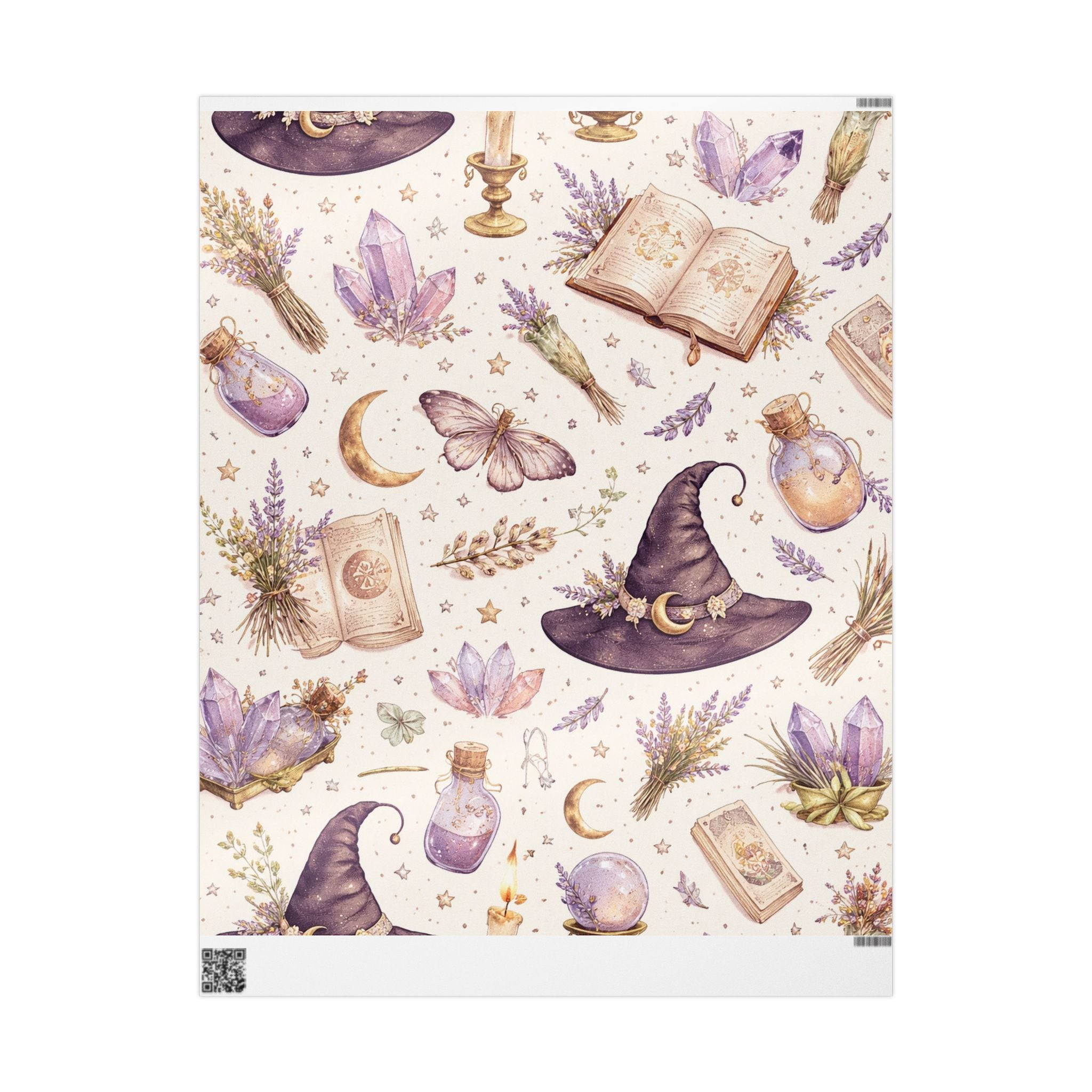 Witch Hat & Broomstick Pattern Wrapping Paper | Lavender Herbs, Stars