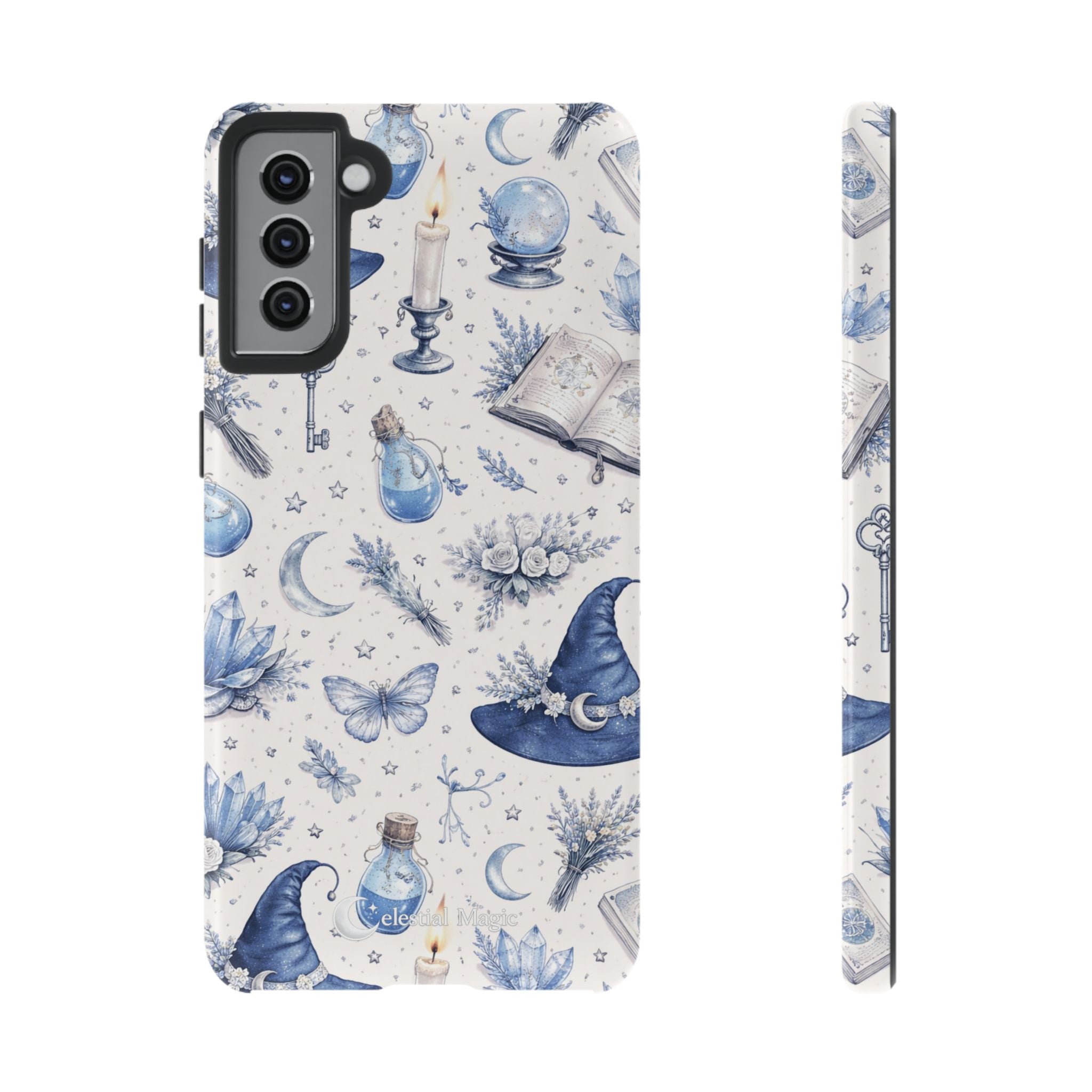 Mystic Blue Witchy Phone Case — Magical Crystal, Potion & Moon Pattern
