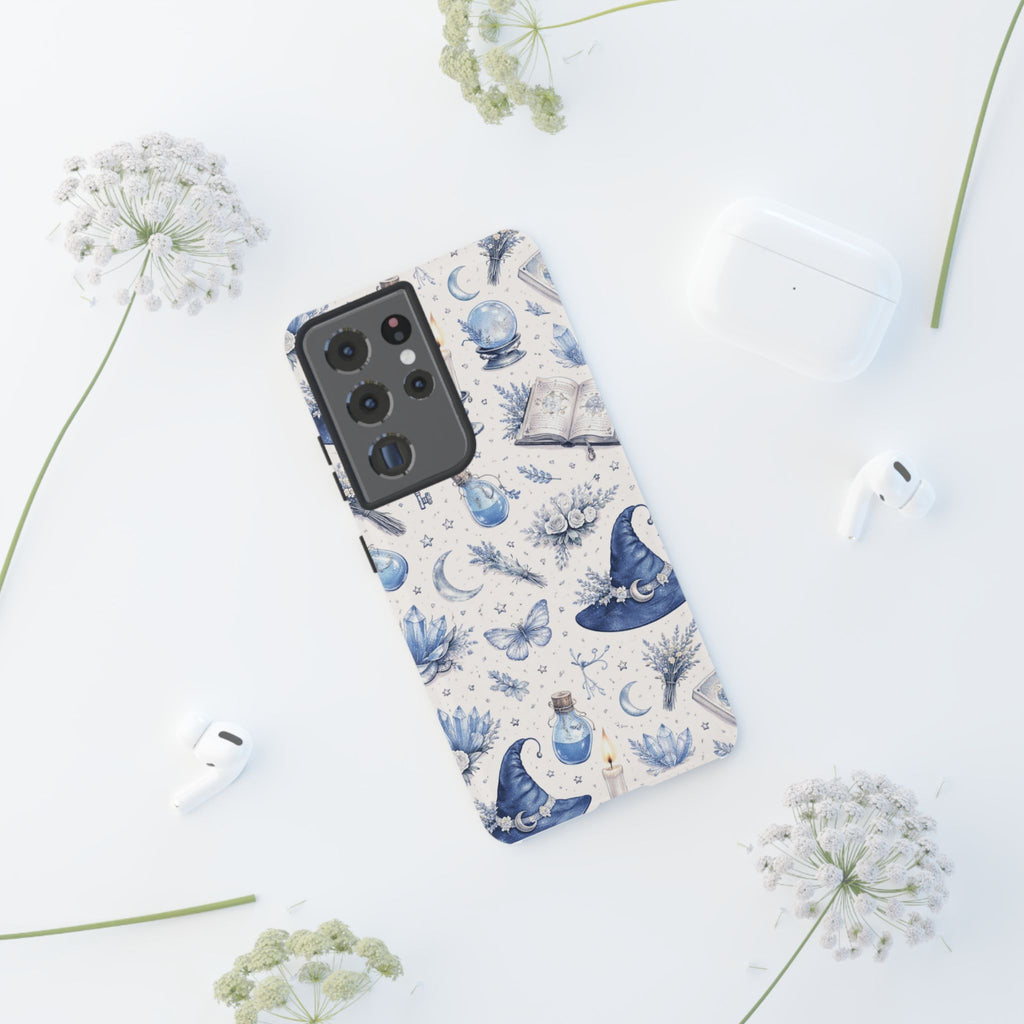 Mystic Blue Witchy Phone Case — Magical Crystal, Potion & Moon Pattern