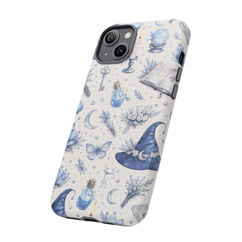 Mystic Blue Witchy Phone Case — Magical Crystal, Potion & Moon Pattern
