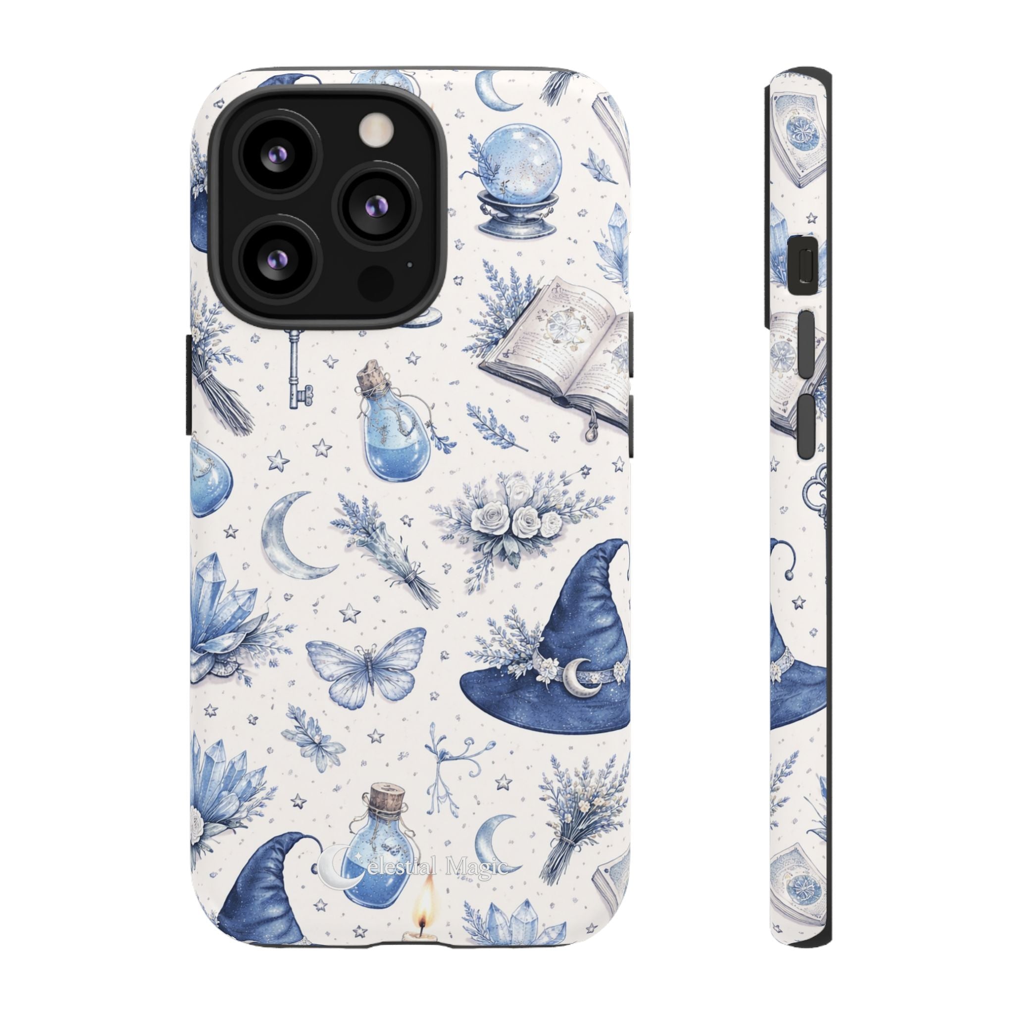 Mystic Blue Witchy Phone Case — Magical Crystal, Potion & Moon Pattern