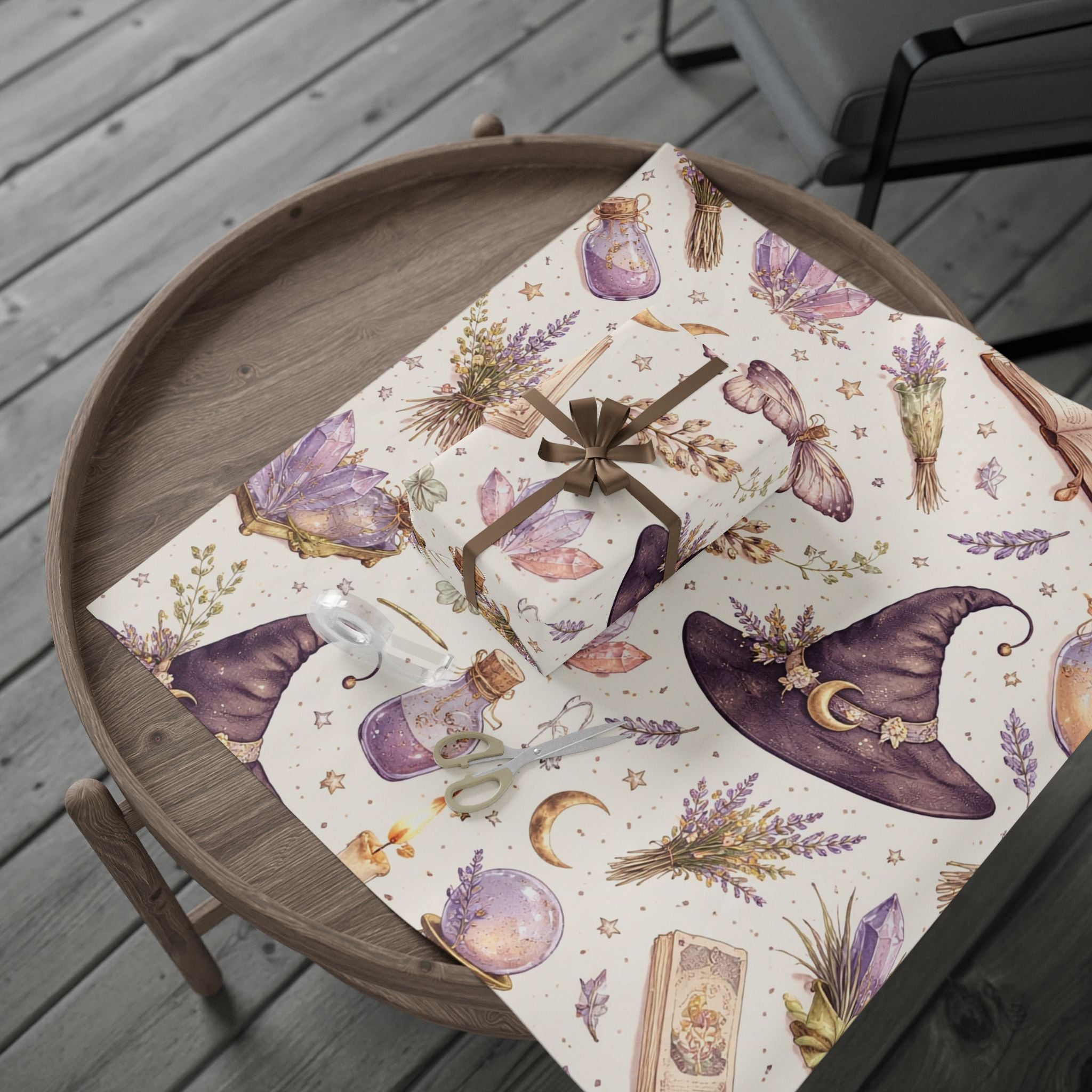 Witch Hat & Broomstick Pattern Wrapping Paper | Lavender Herbs, Stars