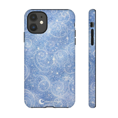 Blue Sparkle Swirl Phone Case — Glittery Winter Snowflake Design