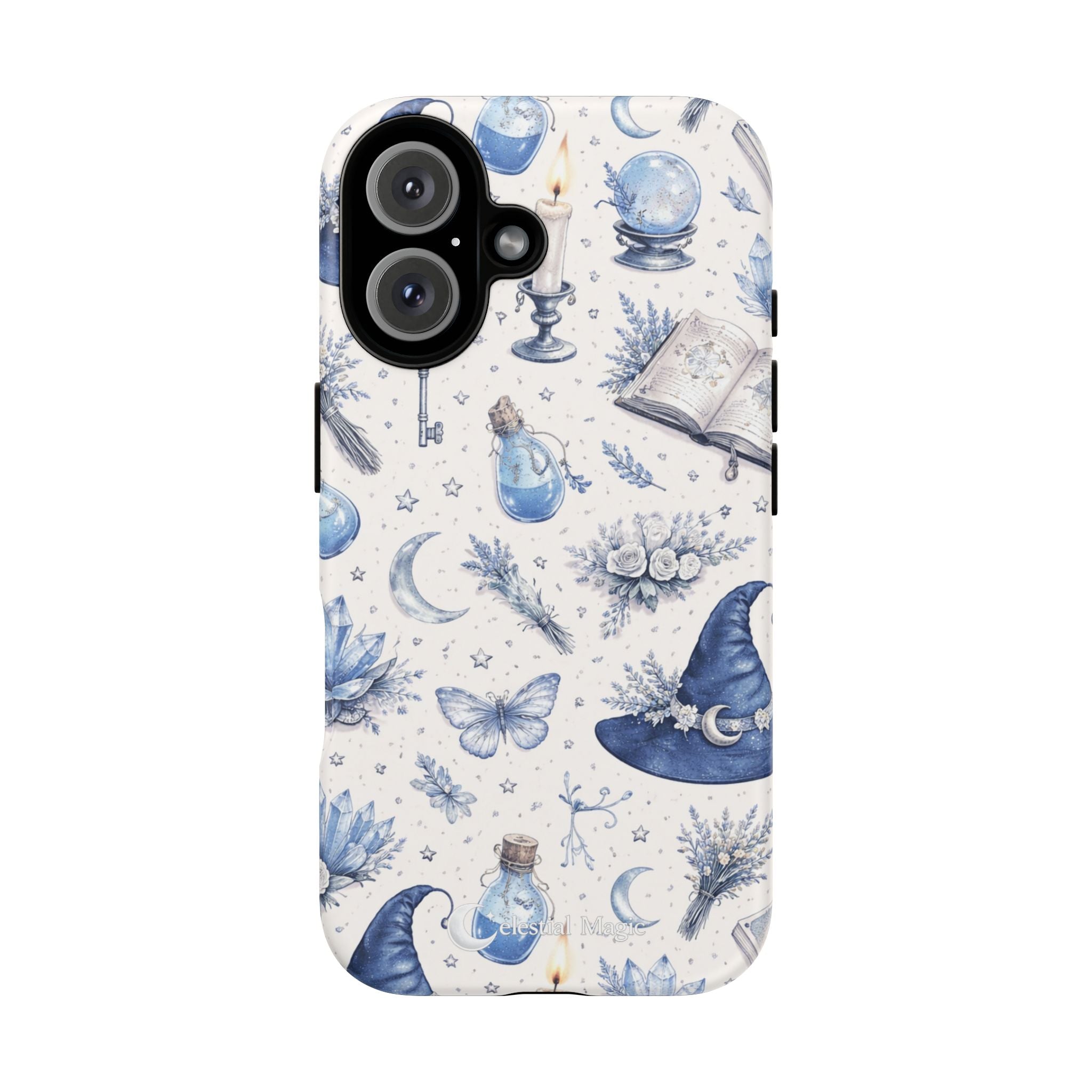 Mystic Blue Witchy Phone Case — Magical Crystal, Potion & Moon Pattern