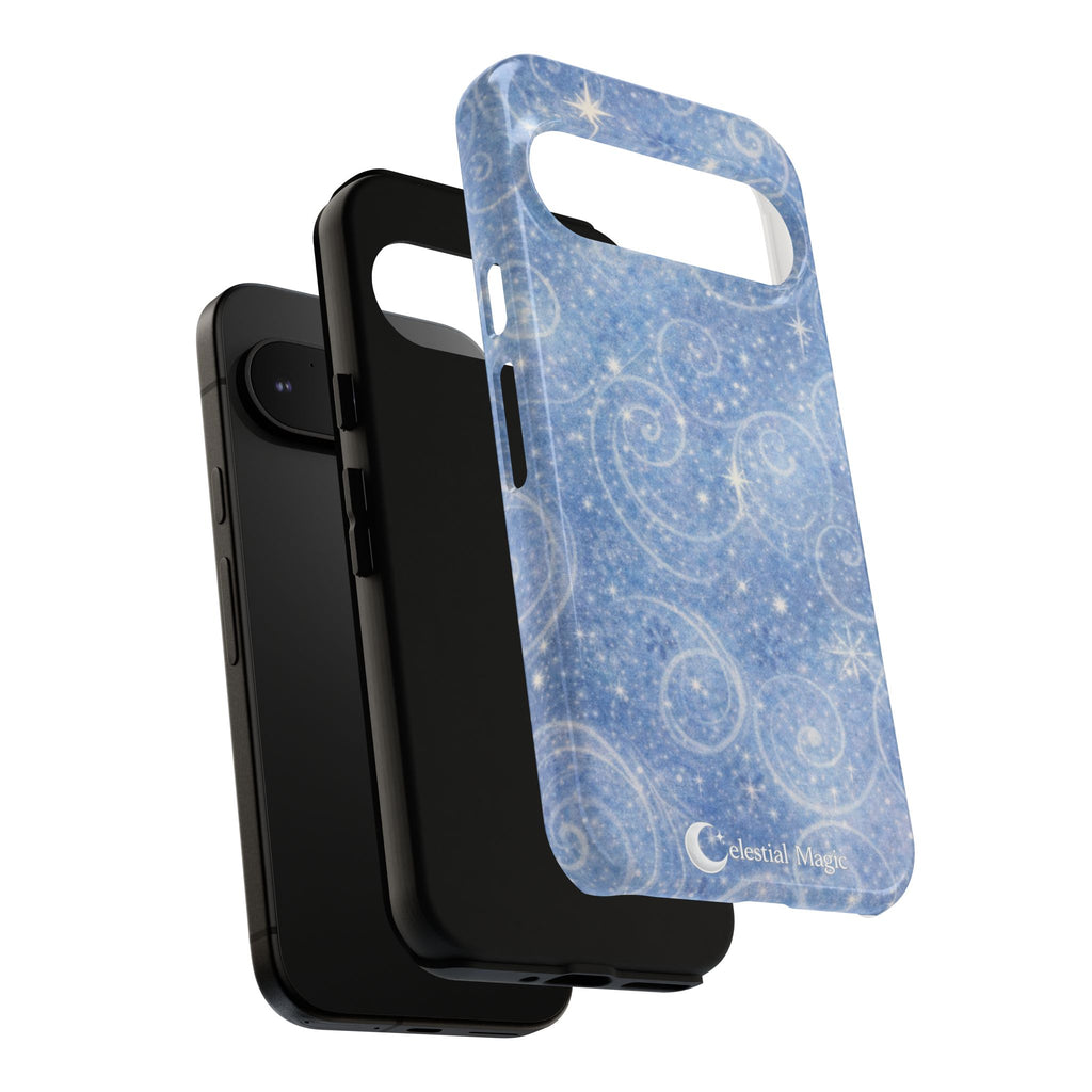 Blue Sparkle Swirl Phone Case — Glittery Winter Snowflake Design